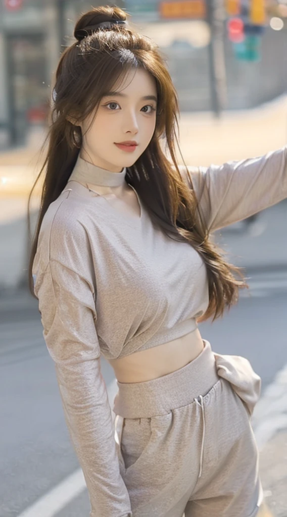 ((masterpiece))), 超高分辨率, (8K), (((looks surreal))), quality, ultradetailed, anatomically correcte, lighting like a movie, super beautiful woman, sexy 24 year old woman, 1人の女性, (1 female), Goose egg face, pretty face, 半ssmile, ssmile, natural makeup, 详细Large眼睛, 二重まぶた, Detailed eyebrows, Thick lip, Medium hair, Medium hair, hair-bunstyle, hair-bun, Brown hair color, Brown hair color, detailed skin textures, Glossy glossy skin, (Large胸:1.3), beautiful constriction, (Large:1.2), beautiful hand, pretty legs, beaturiful body, Detailed and perfectly fitted clothing, Silver tracksuit, Black mid-waist, choker necklace, Posture with open arms, arms extended pose, from front angle, Front camera angle, cow boy shot, Composition above the waist, looking at viewert, looking at the camera in, Background with:(晚上18点夕阳西下Large海)
