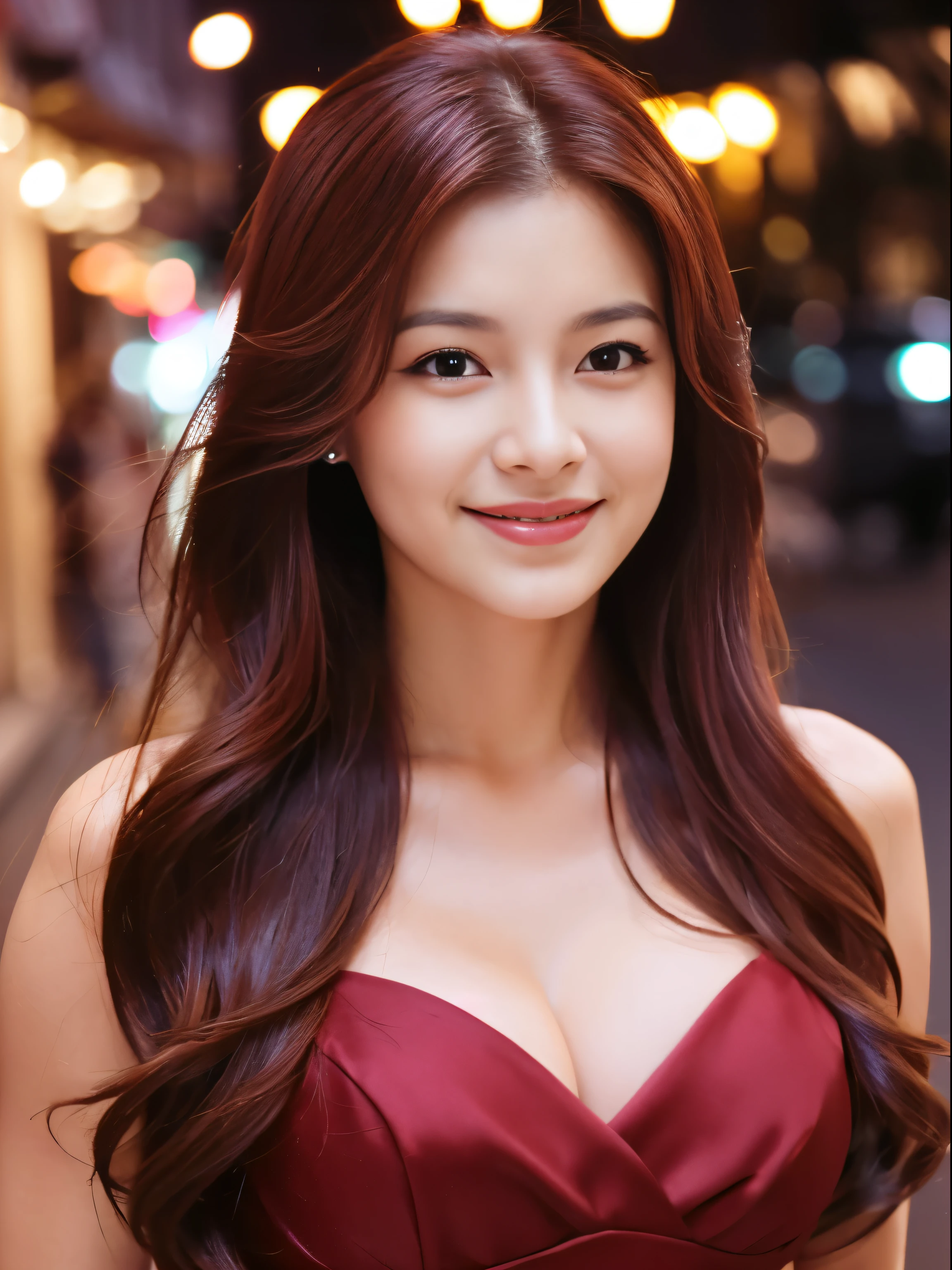 Ultra high-definition images,1girl in, Maroon hair, The eyes are maroon,cleavage, Closed mouth, Detailed face,Long hair, Looking at Viewer,Beautiful makeup, 美Lips, Pink scarf, Portrait, Eye detail and realism, Lips, Smile, Solo, Upper body, watermarked, The red dress stands out,Night city bright boulevard background,
