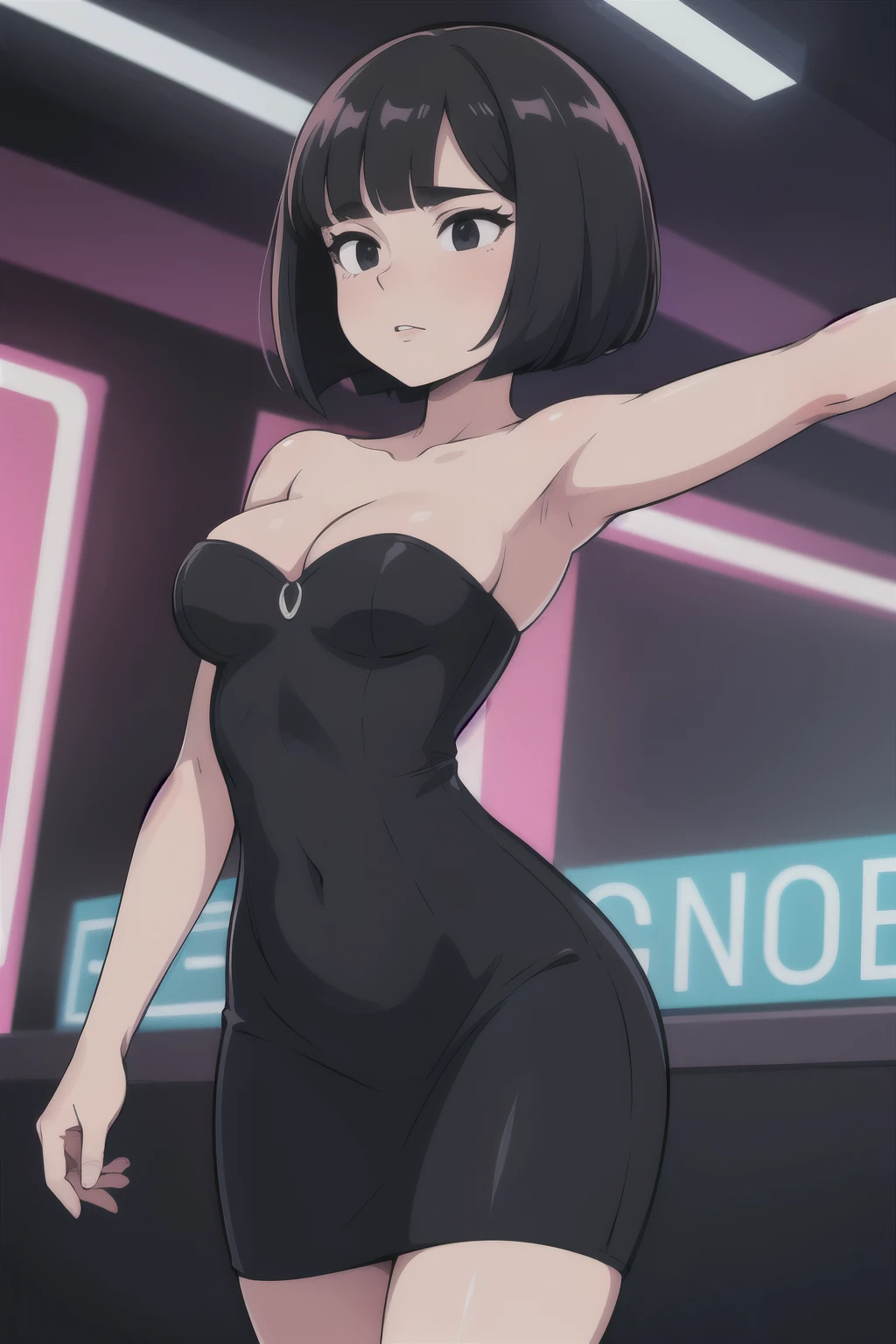 one-girl,medium breasts,cleavage, looks into camera,short black hair,bob cut, black eyes, strapless, Black dress, skin-tight dress, doing a Latin dance, open arms, armpits, danceclub, neon lights, 2D illustration, vector art.