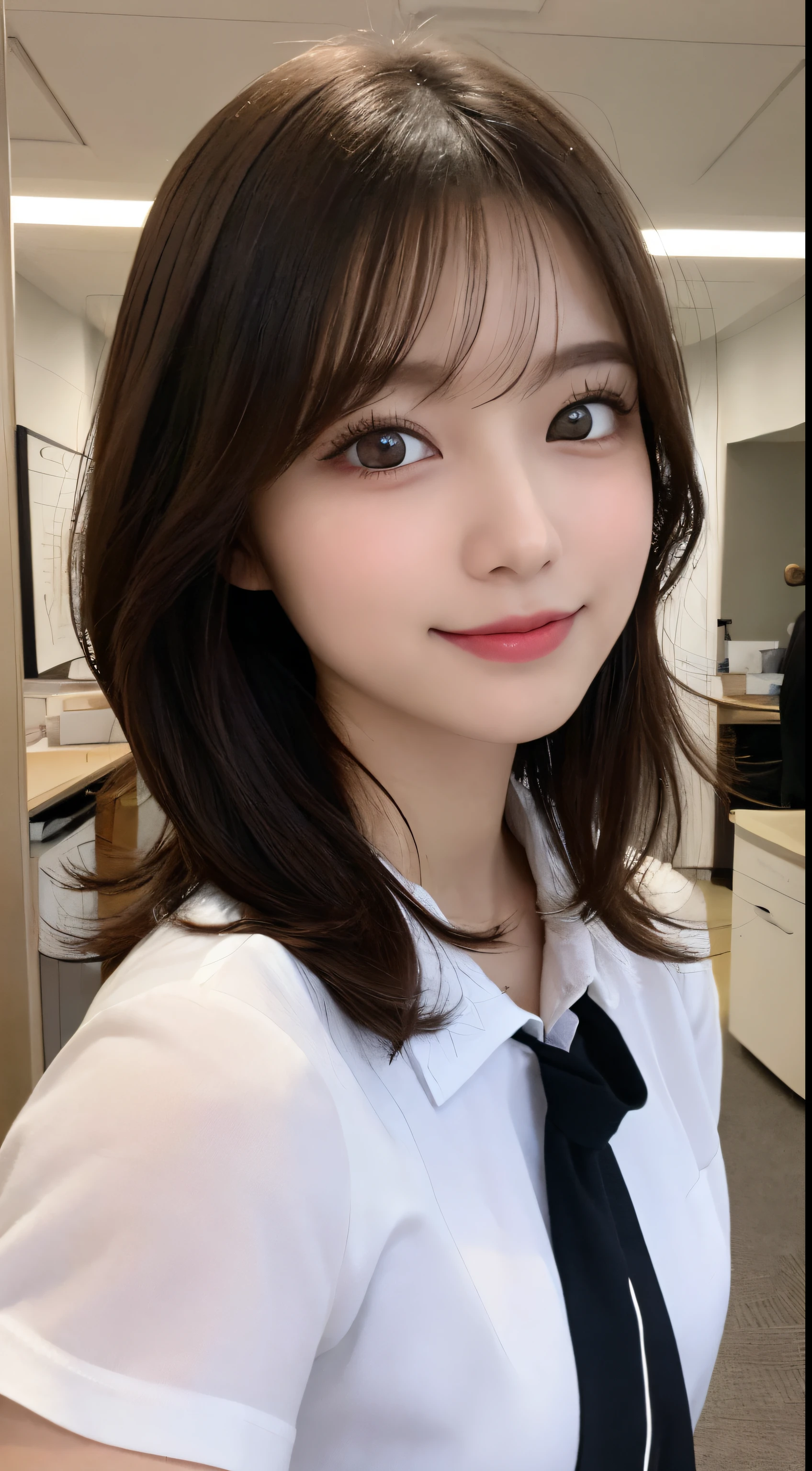 ((Best quality, 8K, Masterpiece :1.3))masutepiece, Best quality, illustration, Ultra-detailed, finedetail, A high resolution, 8K wallpaper, Perfect dynamic composition, Beautiful detailed eyes, Women's Summer,Short Bob Hair,Small breasts with natural color lips, Bold sexy pose,Smile,office lady uniform, Office wear, Purple T-shirt,Harajuku、20 years girl、Cuook at the sexy shots of the lens