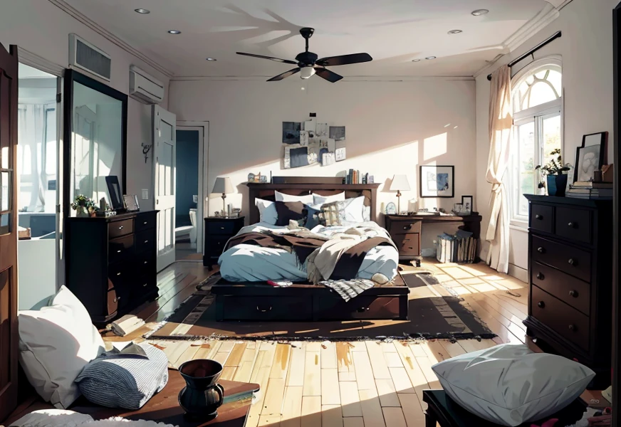 Bed , messy room, architectural illustration, high detail, realistic