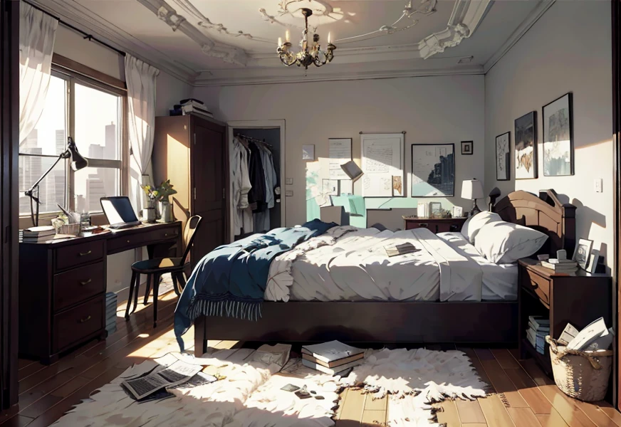 Bed , messy room, architectural illustration, high detail, realistic
