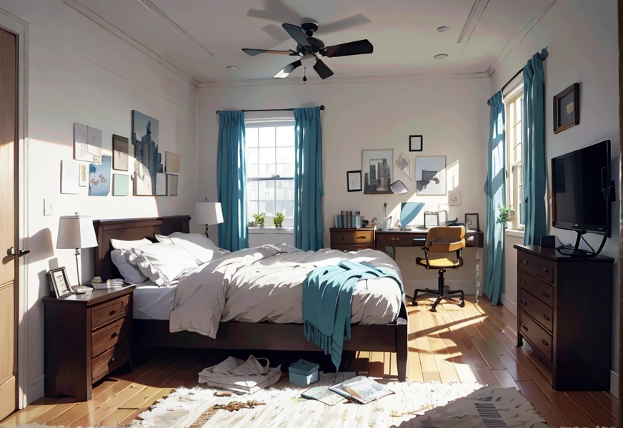 Bed , messy room, architectural illustration, high detail, realistic