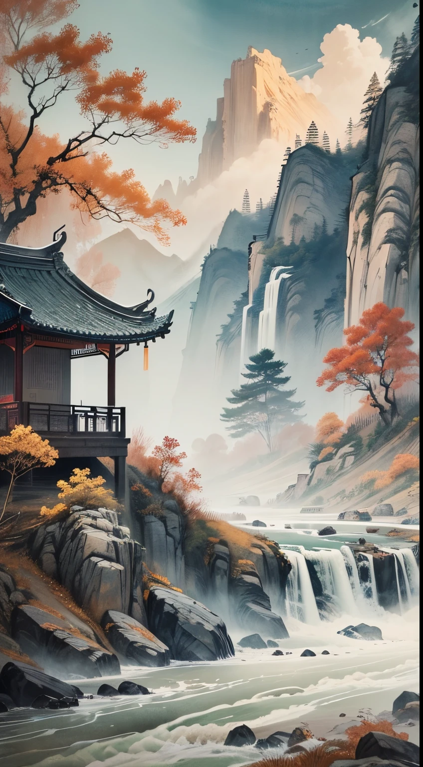 Xu Beihong traditional Chinese painting,ink and watercolor painting,Horse running in the field,Two horses,late autumn,Fallen leaves drift away,rushing river,The distant view is of rolling mountainive colors of ink,sketched,(8k wallpaper),(Xu Beihong's painting level),(tmasterpiece)
