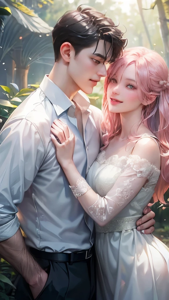 ((Couple standing in the forest)), Collection of Romantic Fantasy Short Stories, Loves情小说的封面,Temperamental girl and cheerful prince, (Best quality,8K,一個A high resolution,Masterpiece:1.2),Ultra-detailed,(Realistic,Photorealistic,Photorealistic:1.37), couple， mature， Height difference， different hair color， cheerfulness， Loves， Hold hands， The upper part of the body， long whitr hair， ((The boy with black hair wears sports home clothes and the girl with pink hair wears modern white home clotheanciful， the sunset， ((((Look at each other)))),Detailed face, Best quality at best(absurd res, A high resolution, ultra - detailed, HighDynamicRange)