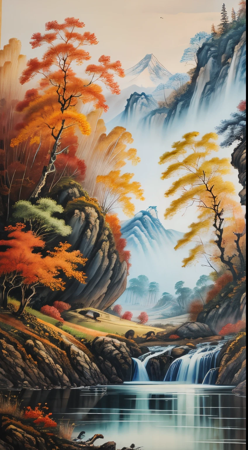 Xu Beihong traditional Chinese painting,ink and watercolor painting,Horse running in the field,Two horses,late autumn,Fallen leaves drift away,rushing river,The distant view is of rolling mountainive colors of ink,sketched,(8k wallpaper),(Xu Beihong's painting level),(tmasterpiece)