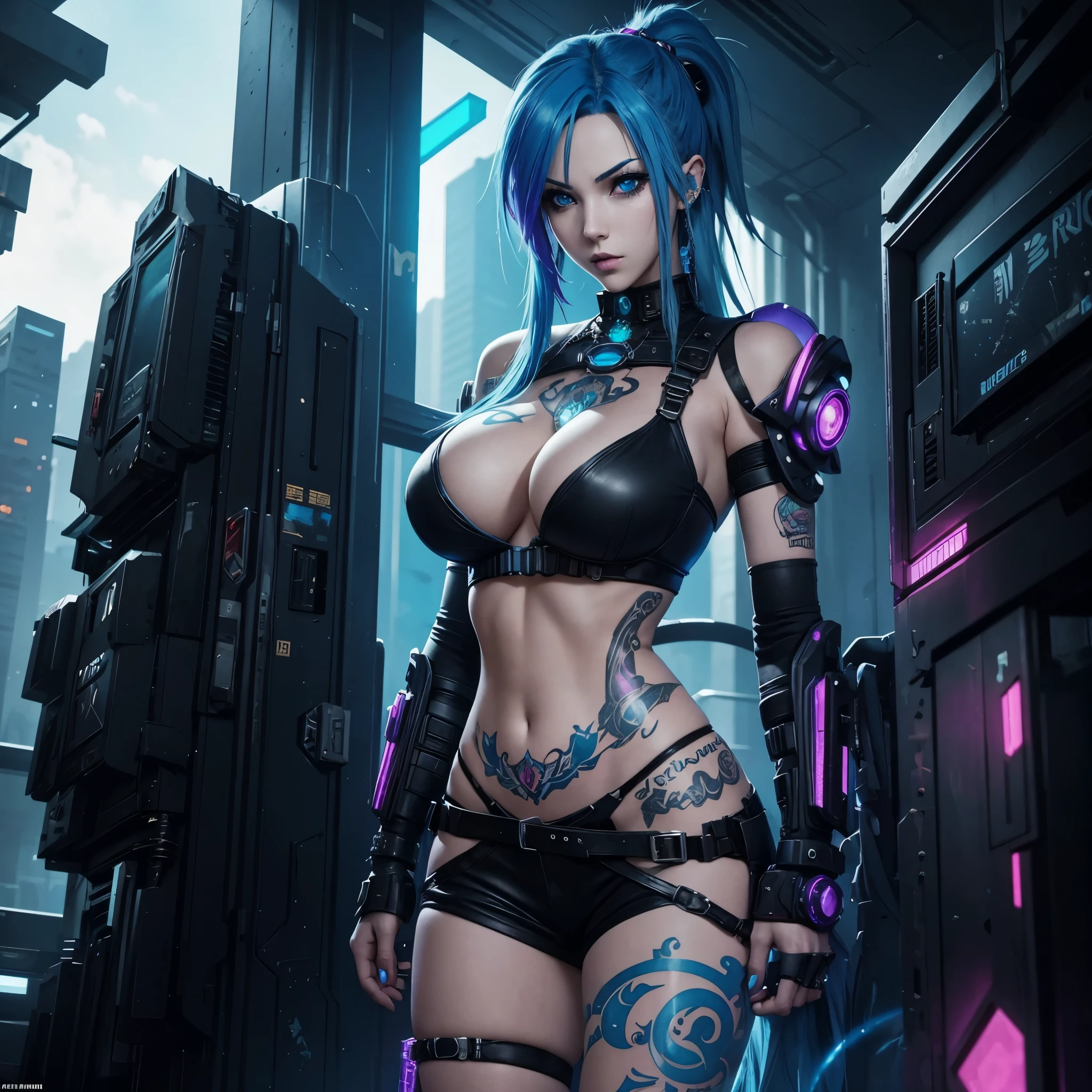 Jinx Arcane, huge tits, a woman with blue hair and tattoos, female cyberpunk anime woman, cyberpunk anime woman, (epic real) ((epic beauty)) ((view from in front))