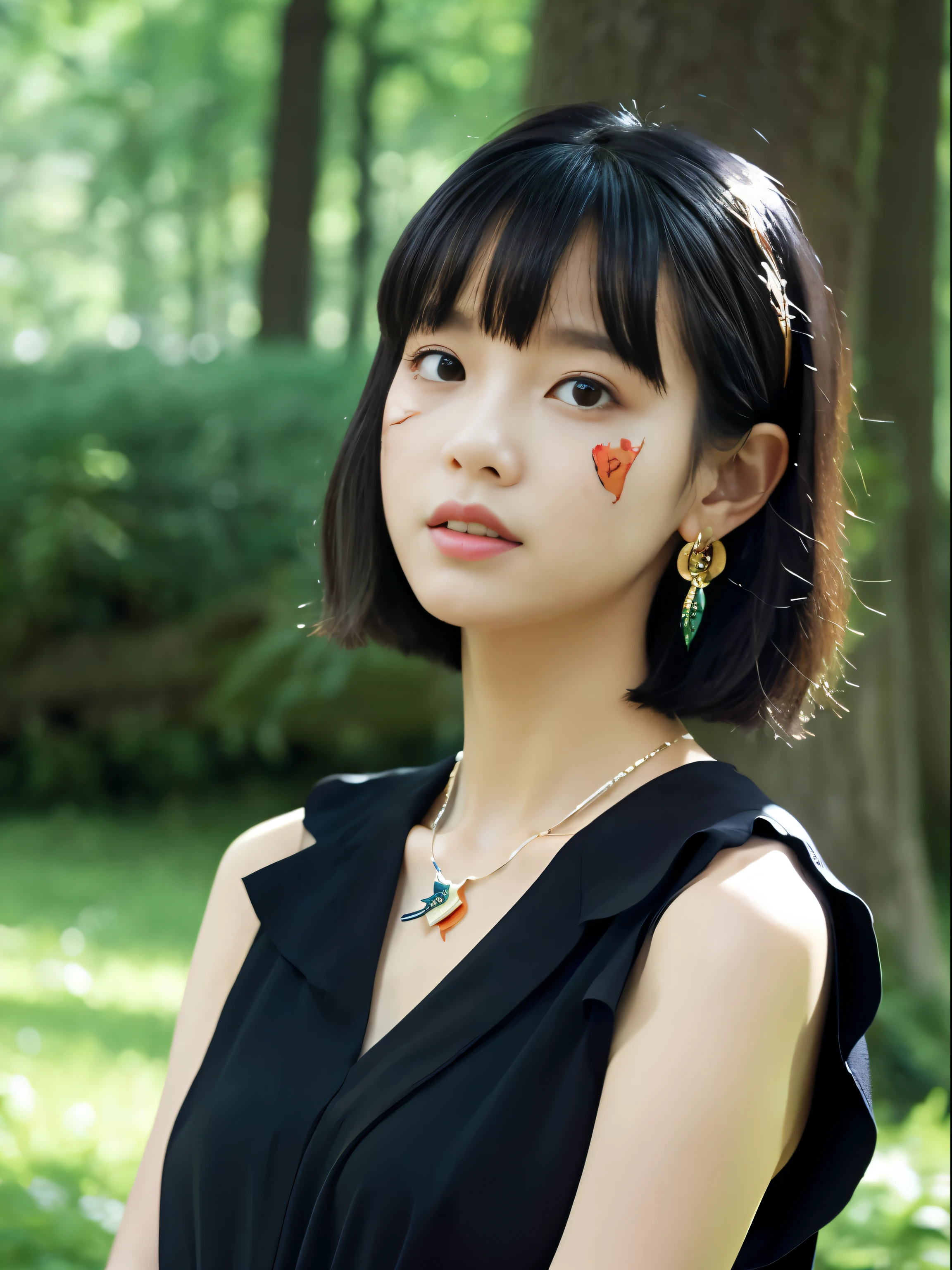 nffsw。.。.3D style,。.。.3DMM,。.。.3D,(masutepiece, Best Quality:1.1), Ghibli style, San (princessmononoke), 1girl in, armlet, Bangs, Black hair, black underShirt, breasts, Cape, circlet, earrings, facepaint, Floating hair, forest, fur Cape, Green eyes, Jewelry, Looking at Viewer, medium breasts, Nature, Necklace, Outdoors, parted Bangs, Shirt, Short hair, Sleeveless, Sleeveless Shirt, Solo, tooth Necklace, tree, Upper body, white Shirt