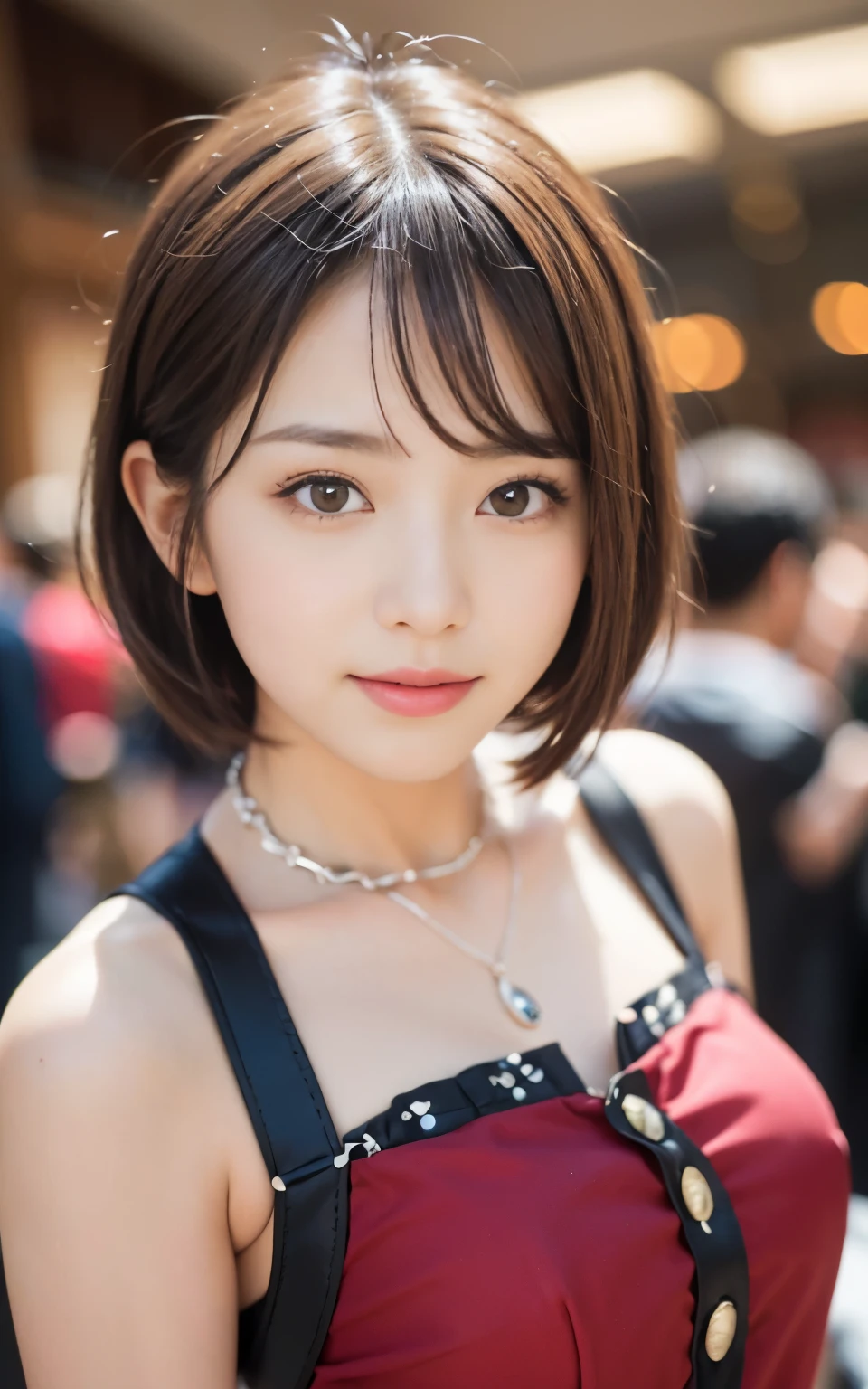 Cute 21 years old Japan、Christmas、Parti、Xmas party、dinner、A smile、Super Detail Face、Eye of Detail、二重まぶた、beautiful thin nose、foco nítido:1.2、prety woman:1.4、(light brown hair,short cut hair, top-quality、发光、​masterpiece、超A high resolution、(Photorealsitic:1.4)、Red Santa Claus clothes、Santa Claus Cosplay、