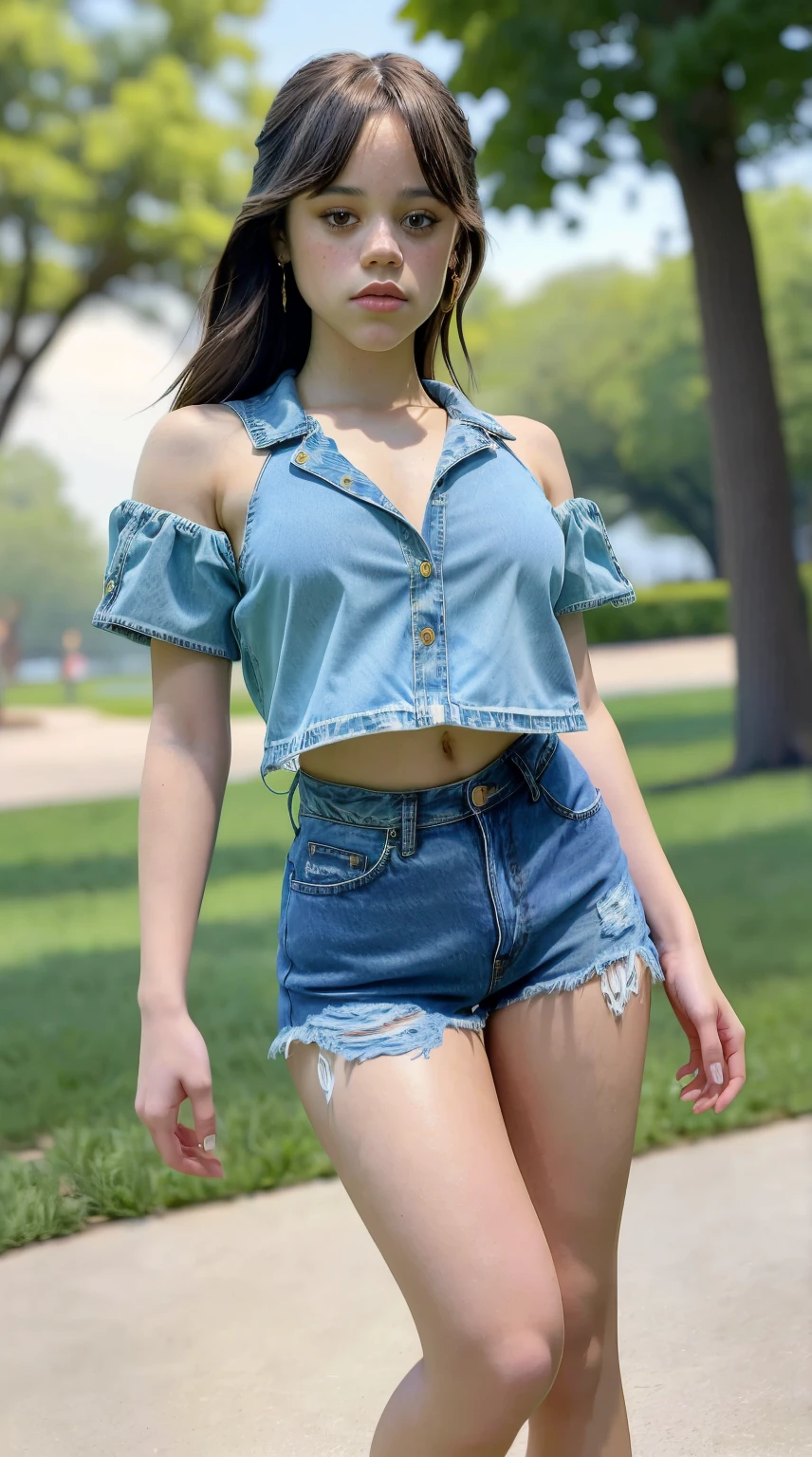 Masterpiece, stunning realistic, photorealistic, best quality, 16k,jenna ortega,sexy body,sexy crotop,high waist ripped denim shorts,standing in a park