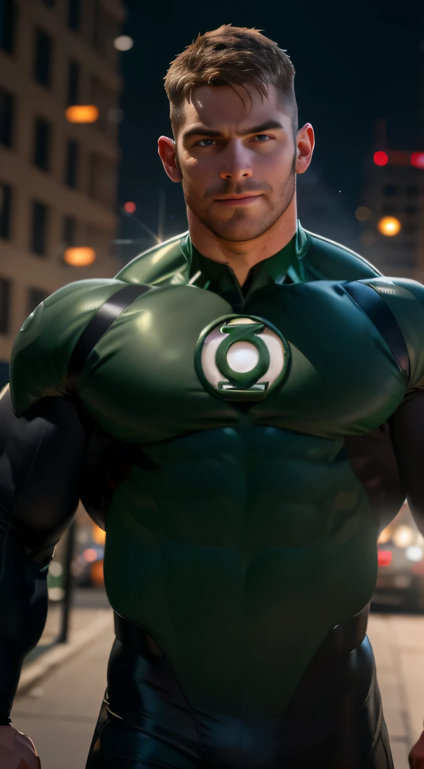 An award-winning original photo,A wild muscular man, (30 years old daddy:1.3), 1boy, Solo, (wearing a (green lantern) costume), hazel hair, (big shoulderusculature, stubbles, Short beard, (Detailed face:1.3), (beautiful eyes:1.2), smiles, Dynamic Angle, volumetric lighting, (Best quality, A high resolution, Photorealistic), Cinematic lighting, Masterpiece, RAW photo, Intricate details, hdr, depth of field, upper body