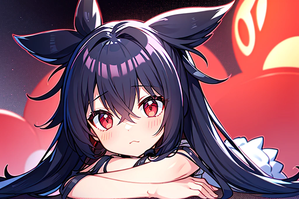 ((One Person)),Anime boy with black hair and red eyes staring at camera, Glowing red eyes,slim, dressed in a black outfit,monochromes,hair messy,deadpan、Diagonal angle,