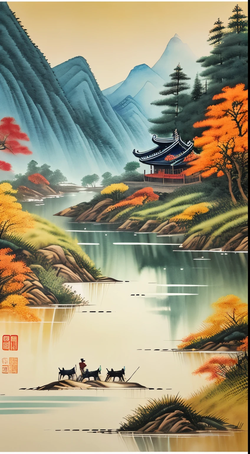 Xu Beihong国画,Ink painting and watercolor,Horse running in the field,Two horses,late autumn,fallen leaves scattered,Rushing rivers,The distant view is of rolling mountains and water.,sketch,(8k wallpaper),(Xu Beihong'Painting level),(tmasterpiece)