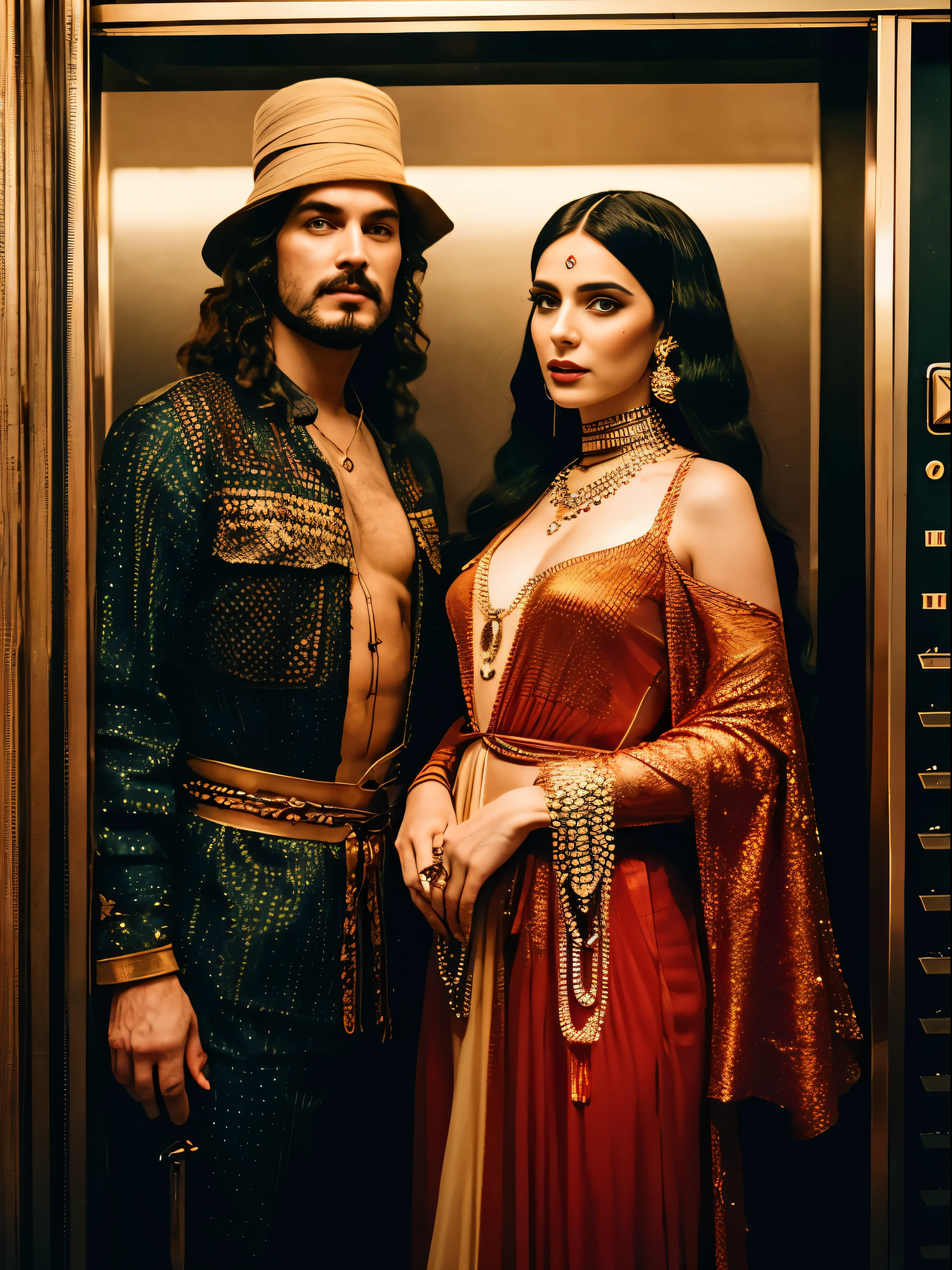 Two people in costumes standing next to each other, Tom Bagshaw and Sabbath Apterus, still from a music video, She is dressed as a belly dancer, Man In The Elevator々Group of, 7 0 s visuals, fantastic detail full face, still frame from a movie, Peasants in the Middle Ages, Behind the Scenes of Fashion Week, by Andrei Kolkoutine, Boho, preraphaelite