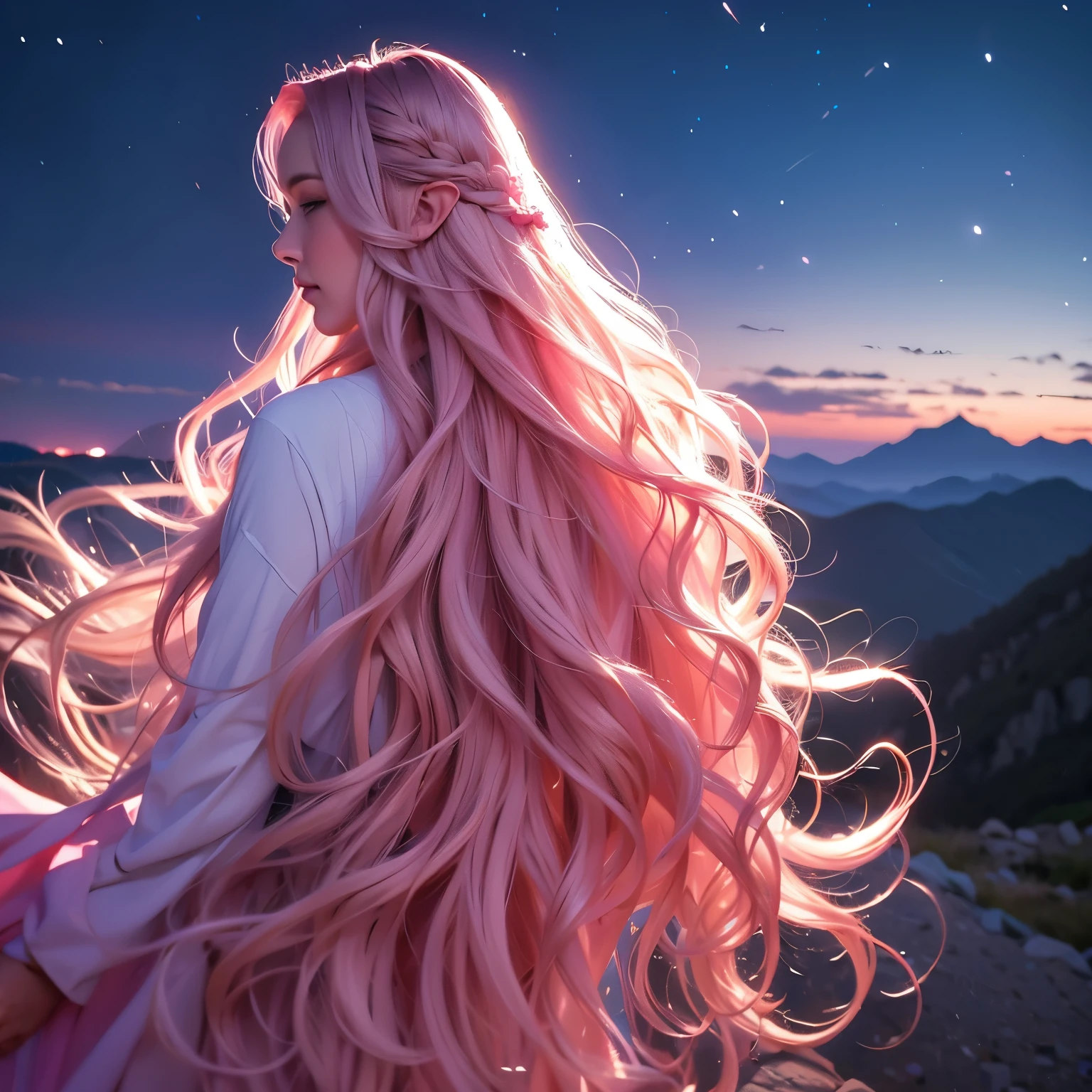 Woman, long wavy hair, pink hair, blue eyes, elf, hair flowing, wind, on the mountain looking at the landscape, at night, dark