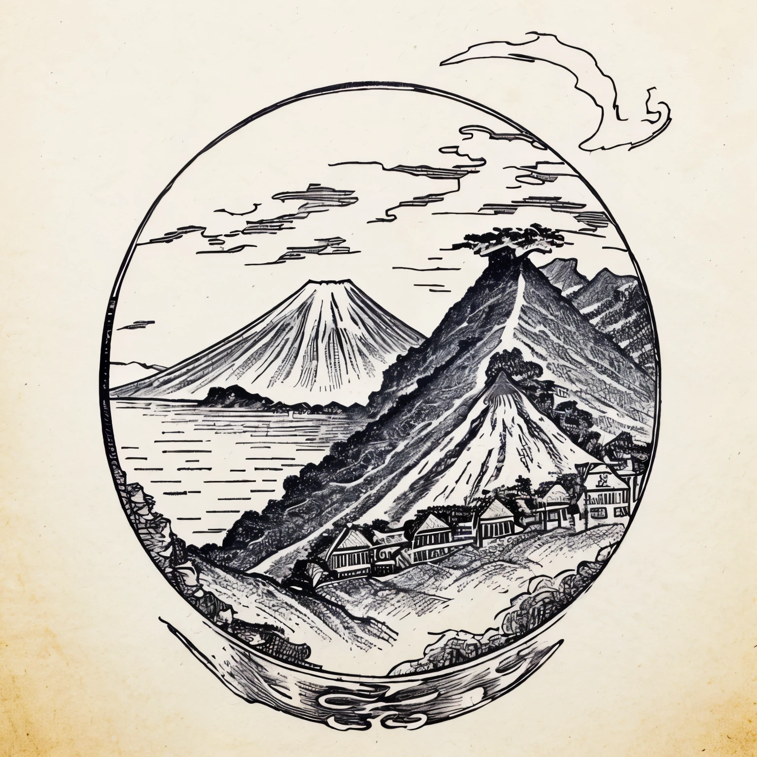 girl riding a flying dragon、Mt fuji、the morning sun、line drawing tone、illustratio、Looks fun、monochromes