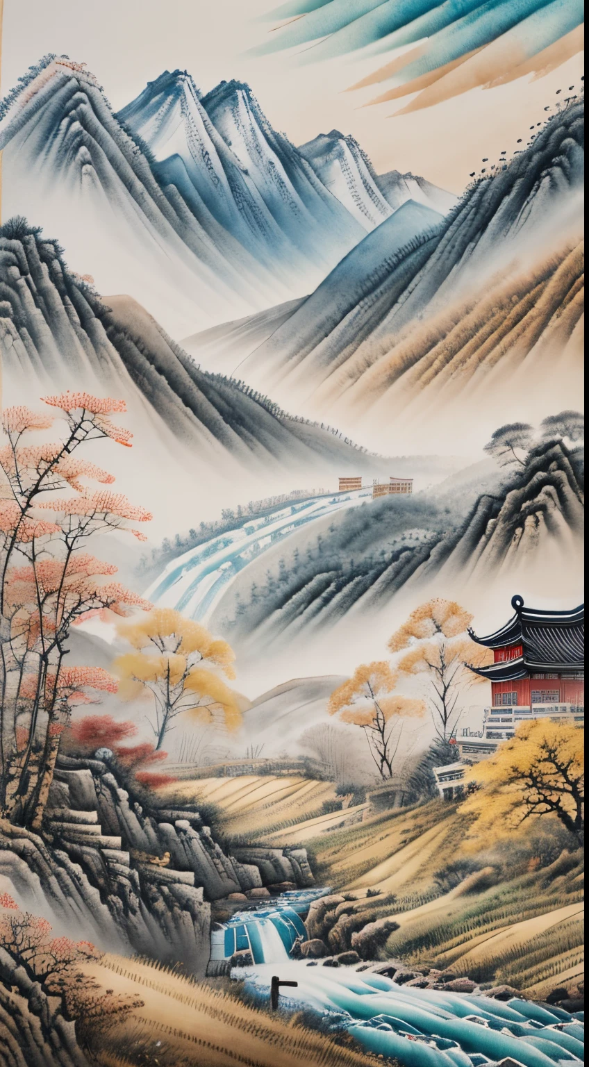 Xu Beihong traditional Chinese painting，ink and watercolor painting，（Horse running in the field：1.2），Two horses，late autumn，Fallen leaves drift away，rushing river，The distant view is of rolling mountainive colors of ink，sketched，（8k wallpaper），（Xu Beihong&#39;s painting level），（tmasterpiece）