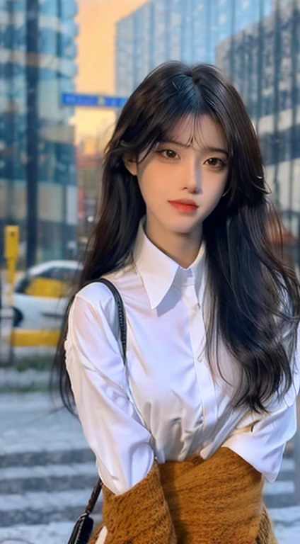 Close-up of a woman in a white-collar shirt, mini skirt, chest:1.2, messy hair, big hair, closed mouth, mouth hold, long eyelashes, black hair color, Guvez style artwork, Guvez, CGstation trend, original photo, super high resolution, big brown eyes, long legs, thin legs, narrow waist, tall woman, slim figure, dynamic lighting, depiction very detailed, depth of field, rain in the background, Greece, ray tracing
