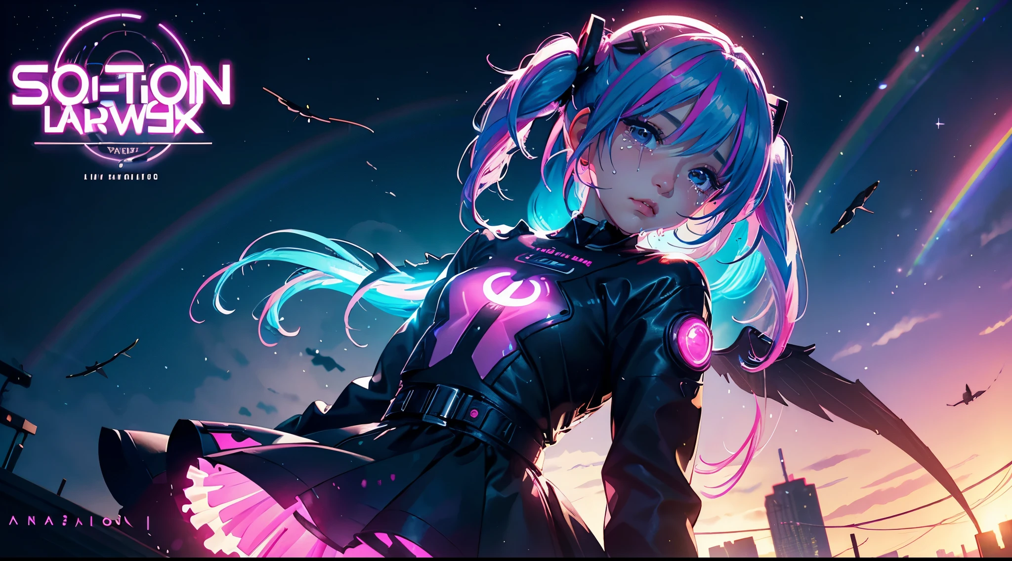hair bobbles, wince, long eyelashes, solid circle eyes, light smile, ear blush, fang, (rainbow hair), makeup, blush, sad, sad smile, drop shadow, anaglyph, atmospheric perspective, 8k, super detail, accurate, best quality, (cyberpunk), cinematic lighting, masterpiece,1girll, short twintails, Colorful hair, flying, pink bows,((16-year-old female model)),( Stand Neck long sleeve black jacket), mecha, ((dress)), (aquarium), (angel halo), ( wings), (magazine cover), the background is sunrise with planets and shooting stars, aurora, beautiful sky, space view, (wide shot), ((((text)))), (cover), bold, attention-grabbing, ((title)), stylish, (((font))), panorama, from below