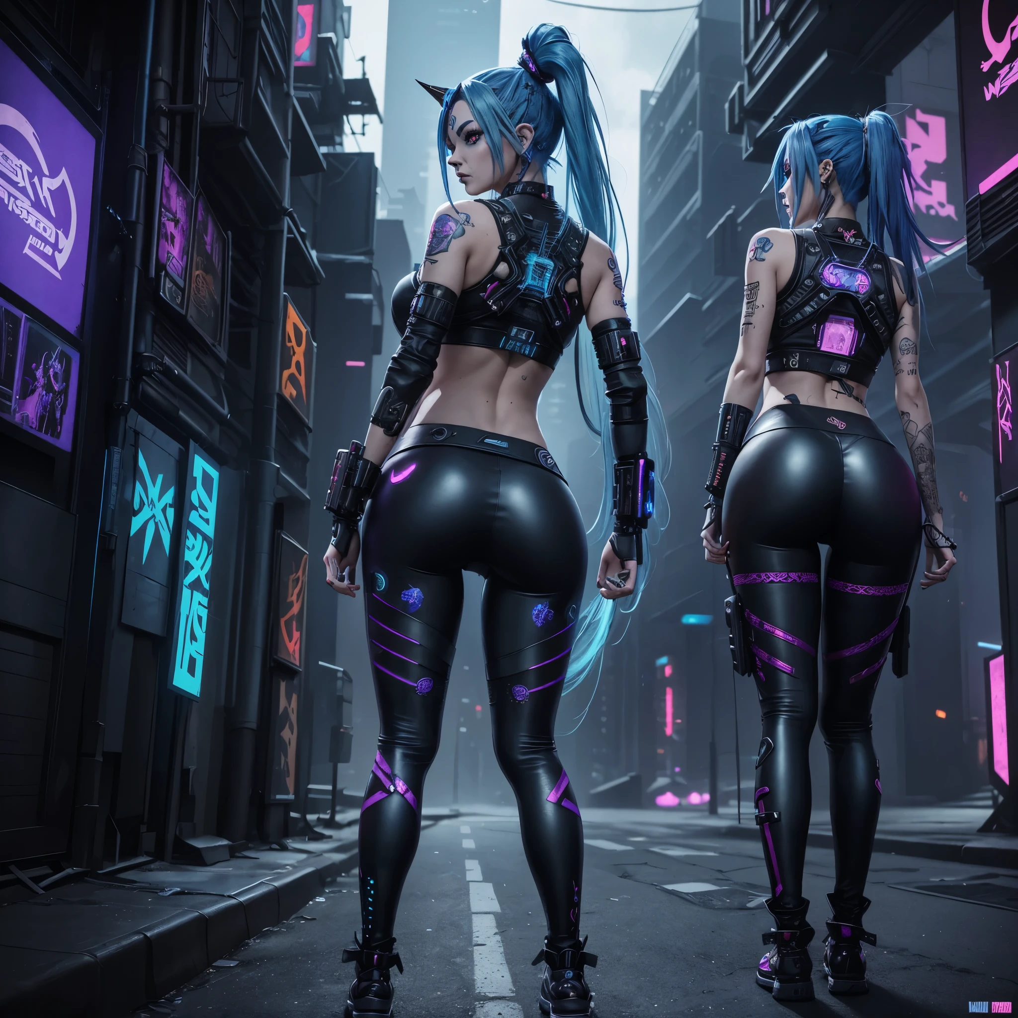 Jinx Arcane, ((withe leggings)) a woman with blue hair and tattoos, female cyberpunk anime woman, cyberpunk anime woman, angry cyberpunk beautiful goddess, cyberpunk art style, cyberpunk anime digital art, cyberpunk anime art, Arcane Jinx Portrait, anime art cyberpunk, Cyberpunk themed art, Cyberpunk dark fantasy (epic real) ((huge ass)) ((view from ass))
