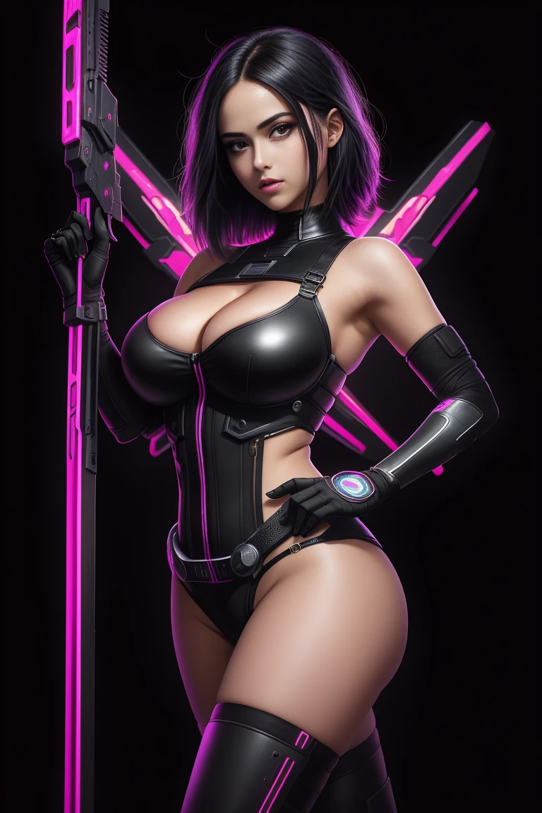 there is a Alita Battle Angel standing, 3 d neon art of a woman's body, neon-noir background, cyberpunk femme fatale, seductive cyberpunk dark fantasy, cyberpunk strip clubs, cyberpunk 20 y. o model girl, oppai cyberpunk, banner, high definition cgsociety, cgsociety masterpiece, trending on cgstation, kda, random hair, looking at camera, gigantic breasts, cleavage, (high detailed skin:1.2), 8k uhd, dslr, super lighting, high quality, film grain, high res, highly detailed, hyper realistic, beautiful face, beautiful body, beautiful eyes nose lips, alluring expression, very bold, upper boobs visible, full body photo, standing legs apart, pale translucent glowing skin, most beautiful face, cute, (well defined pubic hair:1.2)), (dark plain black background:1.4))