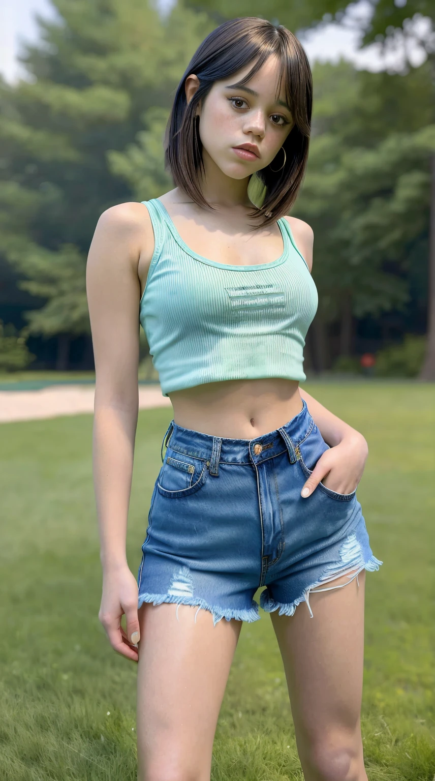 Masterpiece, stunning realistic, photorealistic, best quality, 16k,jenna ortega,sexy body,sexy croptop,high waist ripped denim shorts,standing in a park,bobcut,straight hair