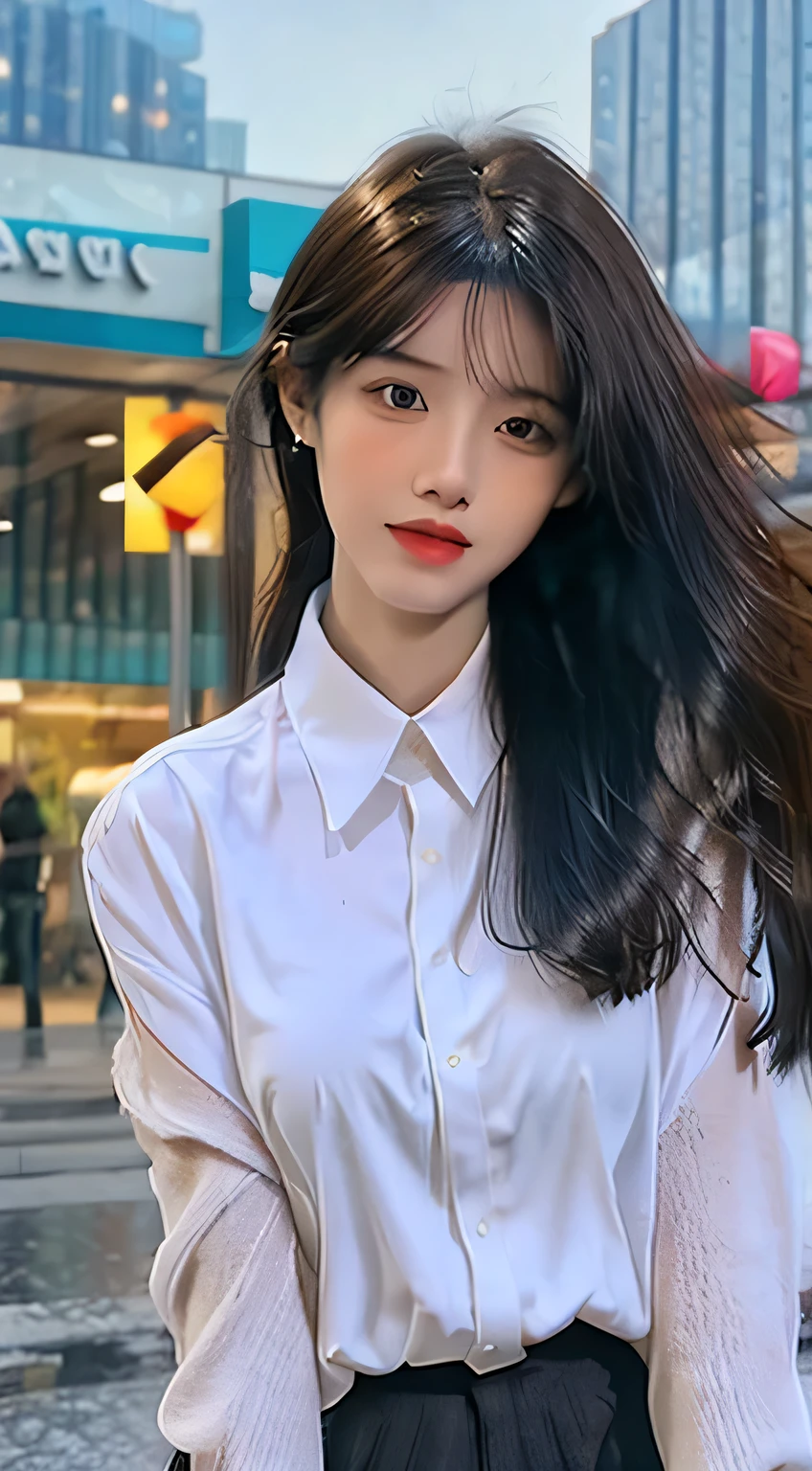 Close-up of a woman in a white-collar shirt, mini skirt, chest:1.2, messy hair, big hair, closed mouth, mouth hold, long eyelashes, black hair color, Guvez style artwork, Guvez, CGstation trend, original photo, super high resolution, big brown eyes, long legs, thin legs, narrow waist, tall woman, slim figure, dynamic lighting, depiction very detailed, depth of field, rain in the background, Greece, ray tracing