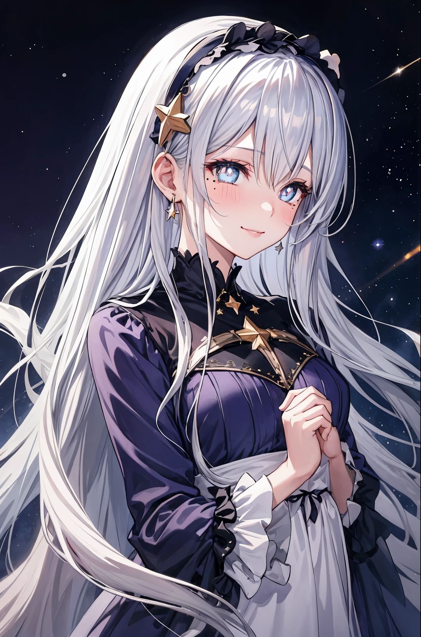 1girl, gentle smile, Long silver-white hair with a hint of blue, Starry eyes, hair strand, goggles, lolita hairband, mole under eye, star-shaped pupils, amber eyes, blush, high detail, anime, Romanticism, modern, Gothic art, anime style, cinematic lighting, high details, best quality, nebula background, side view
