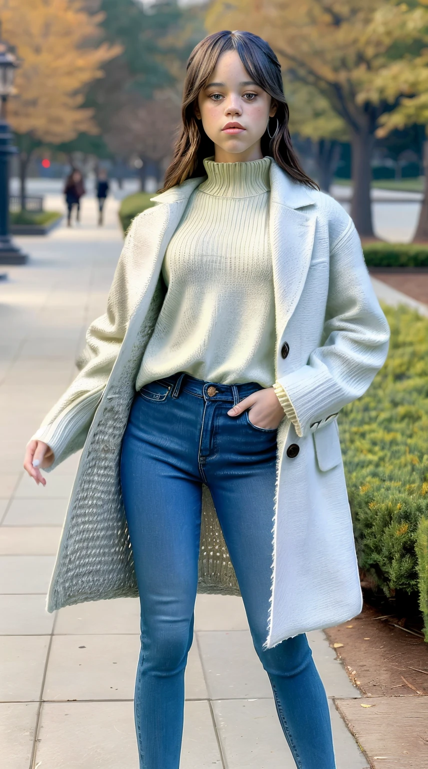 Masterpiece, stunning realistic, photorealistic, best quality, 16k,jenna ortega,sexy body,knitted sweater,overcoat,skinny jeans,standing in a park