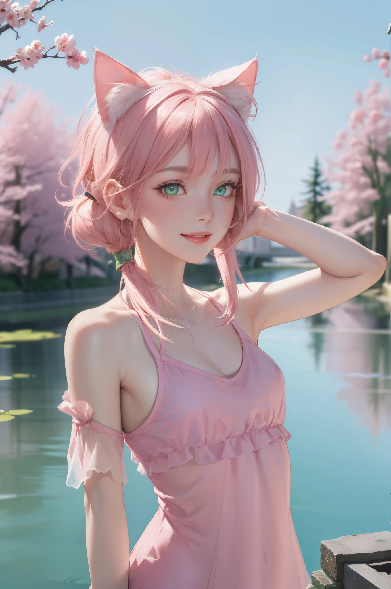 highly detailed face, light green eyes, looking at camera, smile, highly detailed eyes,