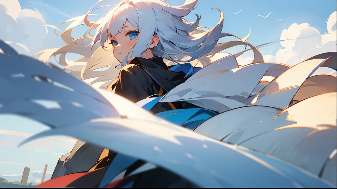 facing forward and relaxing、white haired beast、girl with blue eyes。The wind is blowing