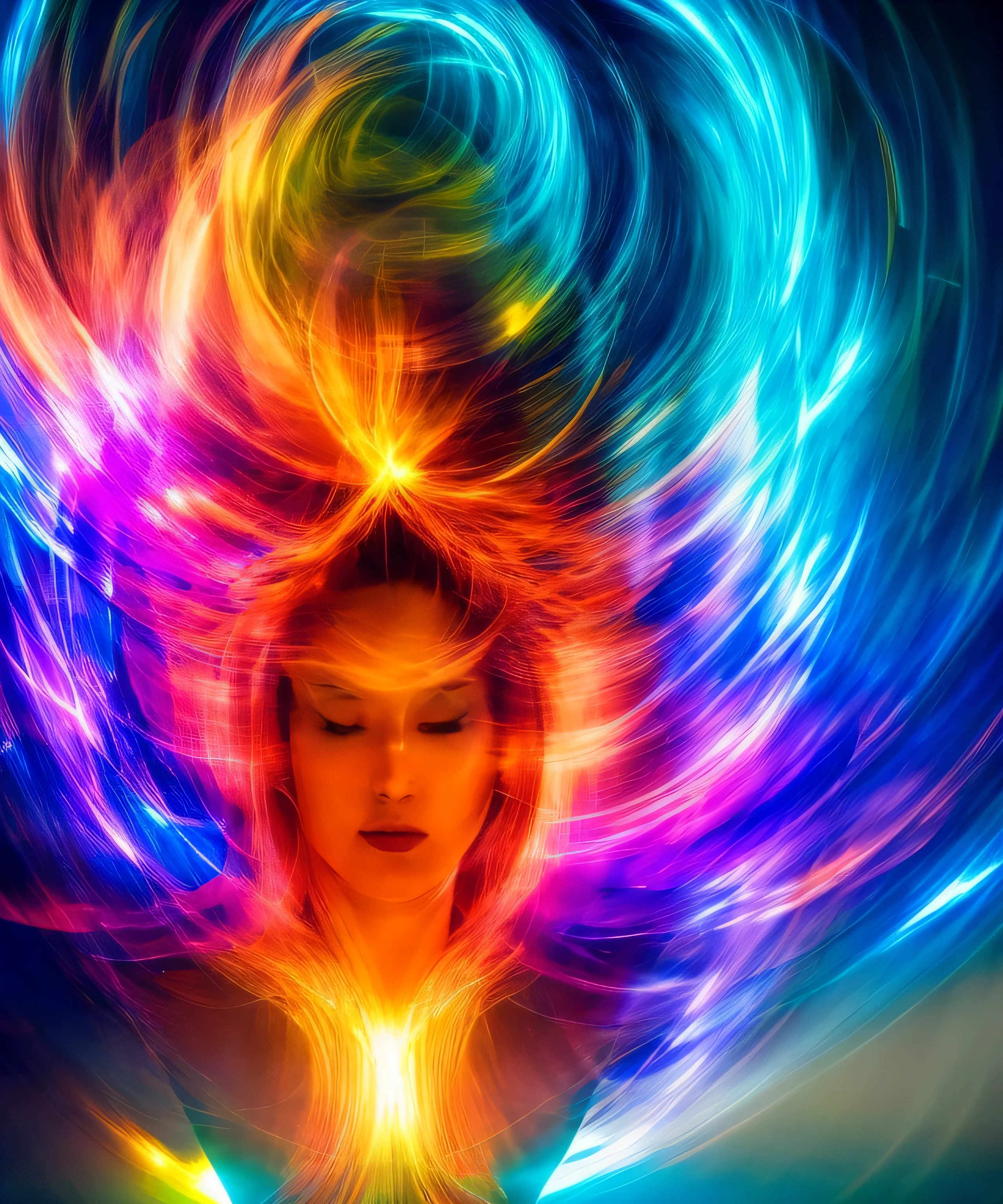 Woman putting her hands on her head, glowing digital runes, 5 0 0 px trend, amber and chaos, diffuse glow, equation, portrait featured on unsplash, Interconnected human life forms, Liquid translucent amber, Fractal Skin, Orange lighting, Light art, unsplash, Art Stussion Trends, anamorphic film, Magnificent non-binary model,