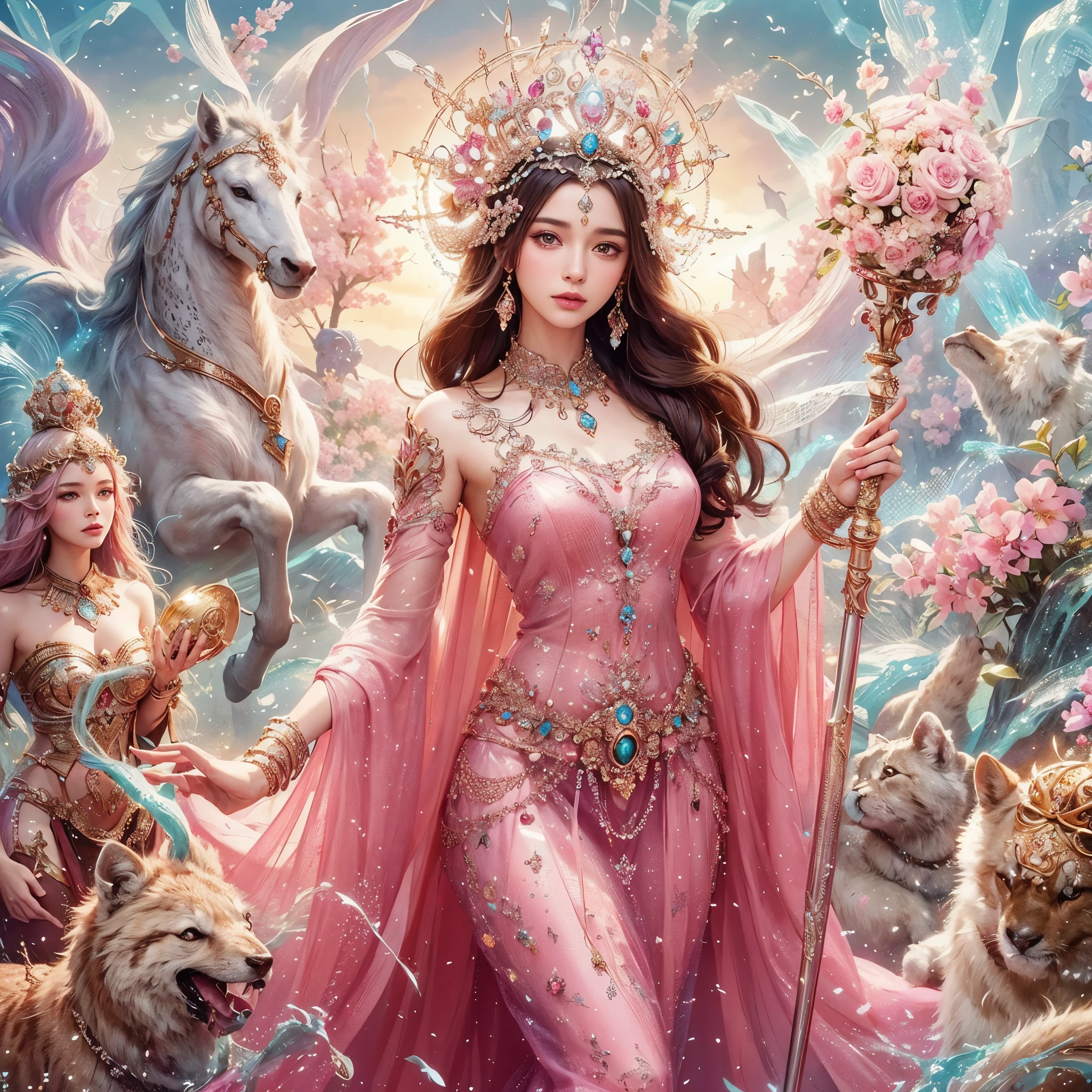 a woman in a pink dress holding a staff surrounded by animals, a beautiful fantasy empress, ((a beautiful fantasy empress)), goddess. extremely high detail, earth goddess mythology, gorgeous goddess of leo, beautiful fantasy art, very beautiful fantasy art, goddess art, goddess of love and peace, beautiful animal pearl queen, beautiful goddess, celestial goddess, amazing fantasy art, masterpiece, best quality:1.2),,(8k,highres,RAW photo,realistic,photo-realistic:1.3),(detailed skin texture,detailed cloth texture,beautiful detailed face:1.25),professional lighting,photon mapping,beautiful soft light,radiosity,physically-based rendering,raytracing, model shoot style, model shoot style, (extremely detailed CG unity 8k wallpaper), full shot body photo of the most beautiful artwork in the world