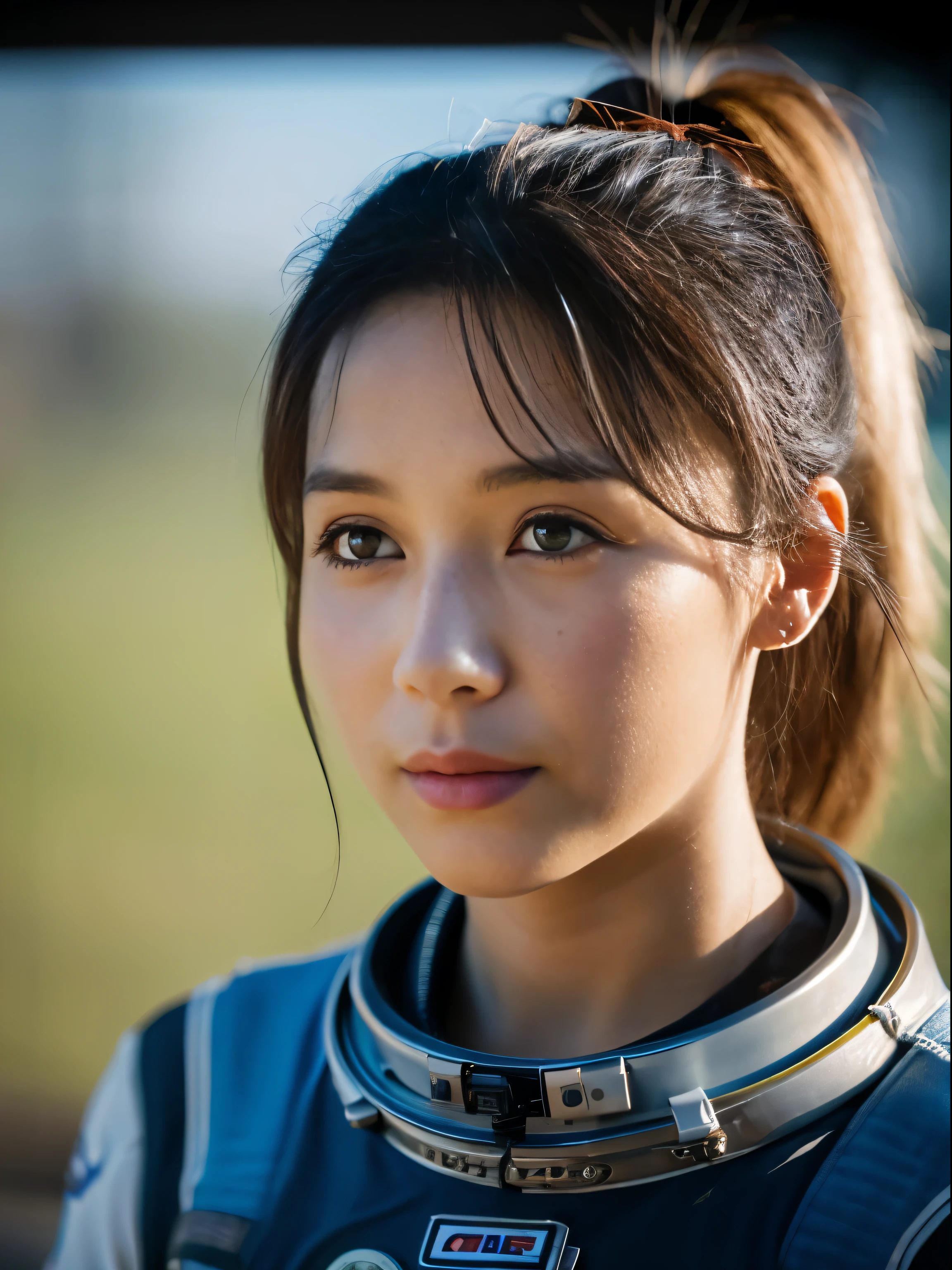 Female astronaut with boobs space J0RD7NJ0N3S, Beautiful face, photos realistic, (Portrait), [Smoke], [Haze], Natural lighting, Shallow depth of field, Shot on a Canon EOS-1D X Mark III, 50mm Lens, F/2.8, (Intricately detailed, hyperdetails), ((Raw color)), Sharp Focus, nffsw, 4K resolution, cinematic film