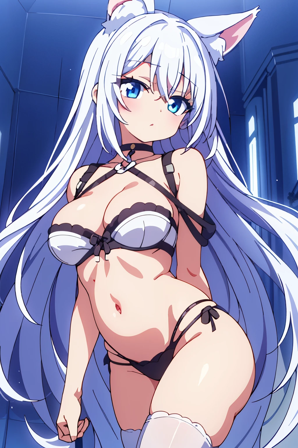 extremely detaile, absurd res, Ultra-high sharpness, ultra - detailed, Best quality at best,
2D Beautiful Girl，Celluloid style，Ultra-clear original picture，Lighting, girl，Kagura Nana，Nana Kagurirtual Host，cropped shoulders，long  white hair，Hands imprisoned by chains，Hanged by chains on the city wall，There are animal ears on both sides of the head，eBlue eyes，Lace sheer pyjamas，前开叉Nightdress，Nightdress，Show most of your belly，Beautiful navel，Loving eyes，cute  face, beautidful eyes，Highest image quality，of works, tmasterpiece，Amazing, good looks, of workrightened light