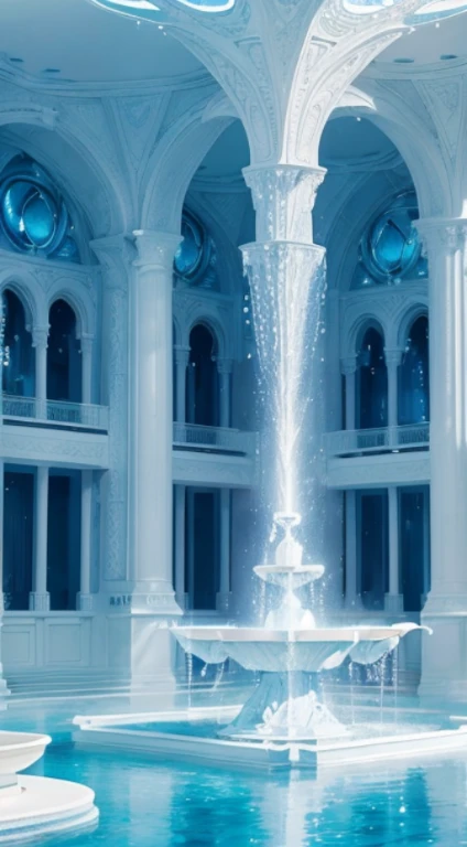 Indoors at night,Mood indirect lighting,light blue white tone,gorgeous interior space,Blend into the beautiful white building,all white interior fantasy scene,((super luxurious fountain)),(Very rich fountains on different levels,transformation crystal, crystalline,Super Quality,tmasterpiece,Super refined,Many details,Splashed water droplet mist generation,jet of water vapor