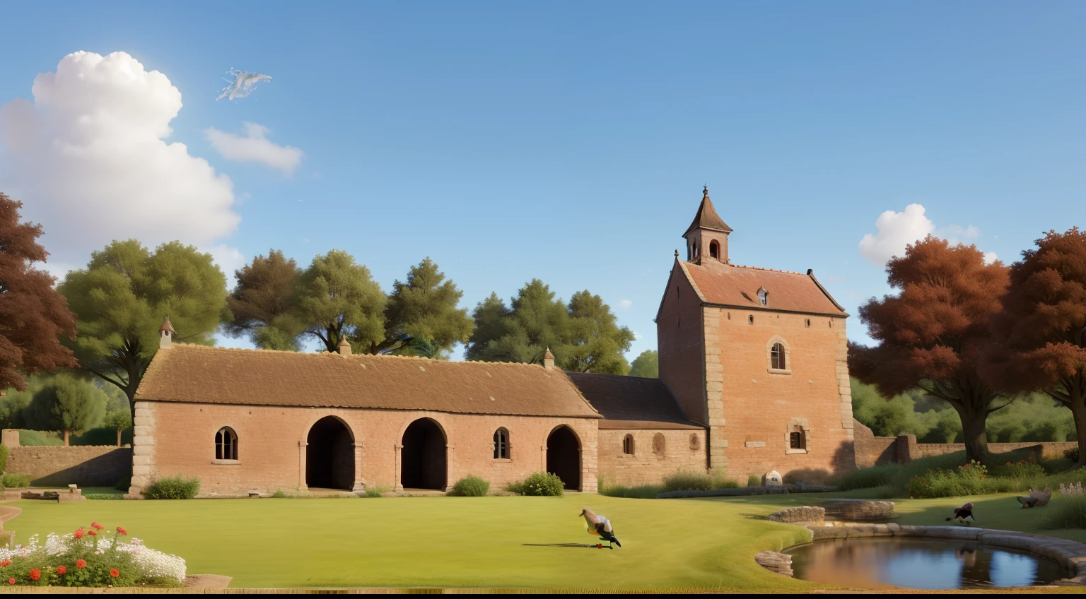 In the background, a large dovecote is visible above