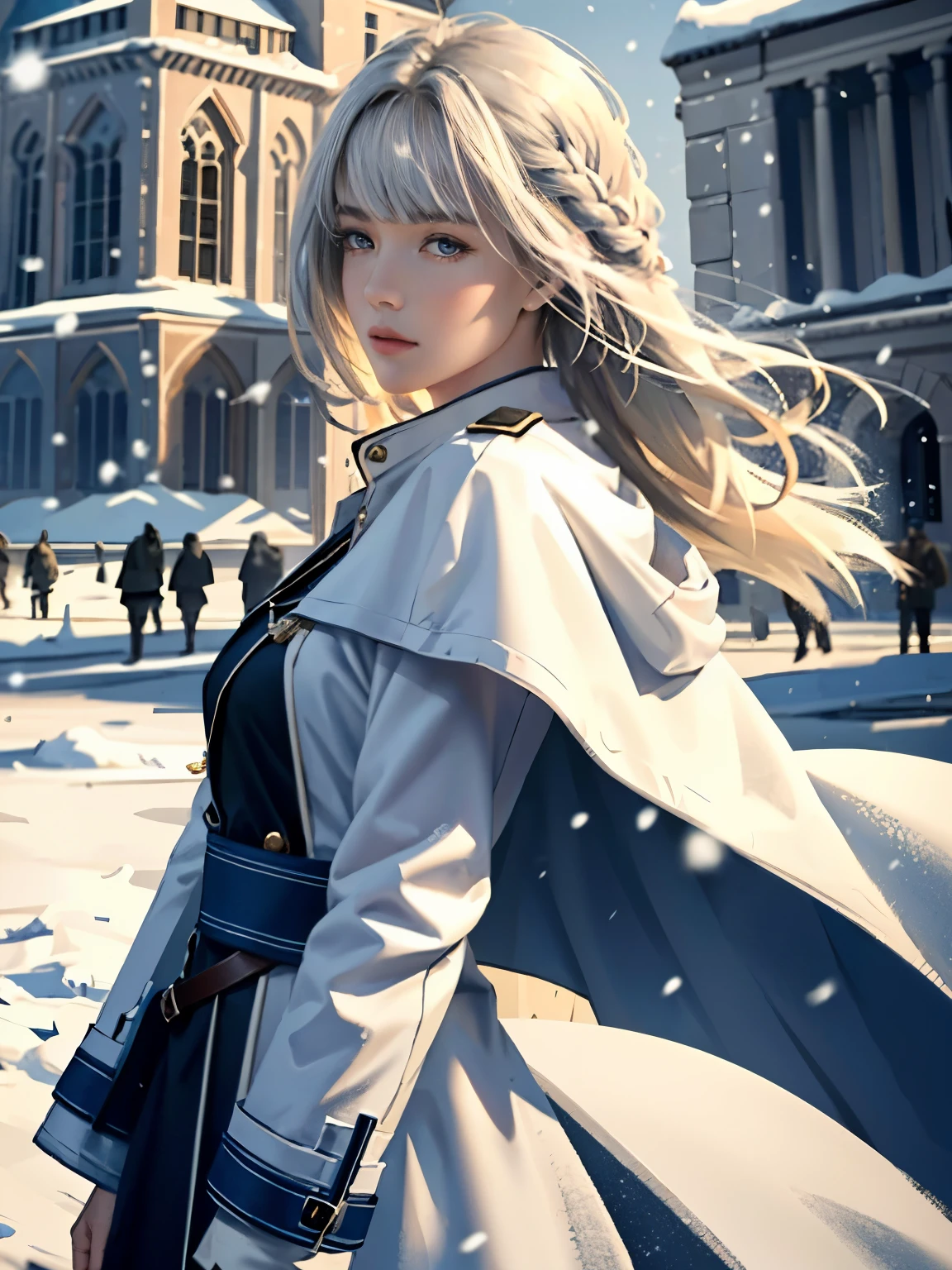 (highest resolution, distinct_image) Best quality, single person, one girl, solo, masterpiece, highly detailed, semi realistic, long hair, braided white blond hair, bangs, blue military uniform, depth of field, outdoor background, falling snow, gentle, authoritative, dignified, calm and powerful expression, ambient lighting, exquisite facial features, fur trimmed white coat, open coat, looking at viewer, head to waist, in a terrace of a monumental building, (((front bangs))), dynamic angle