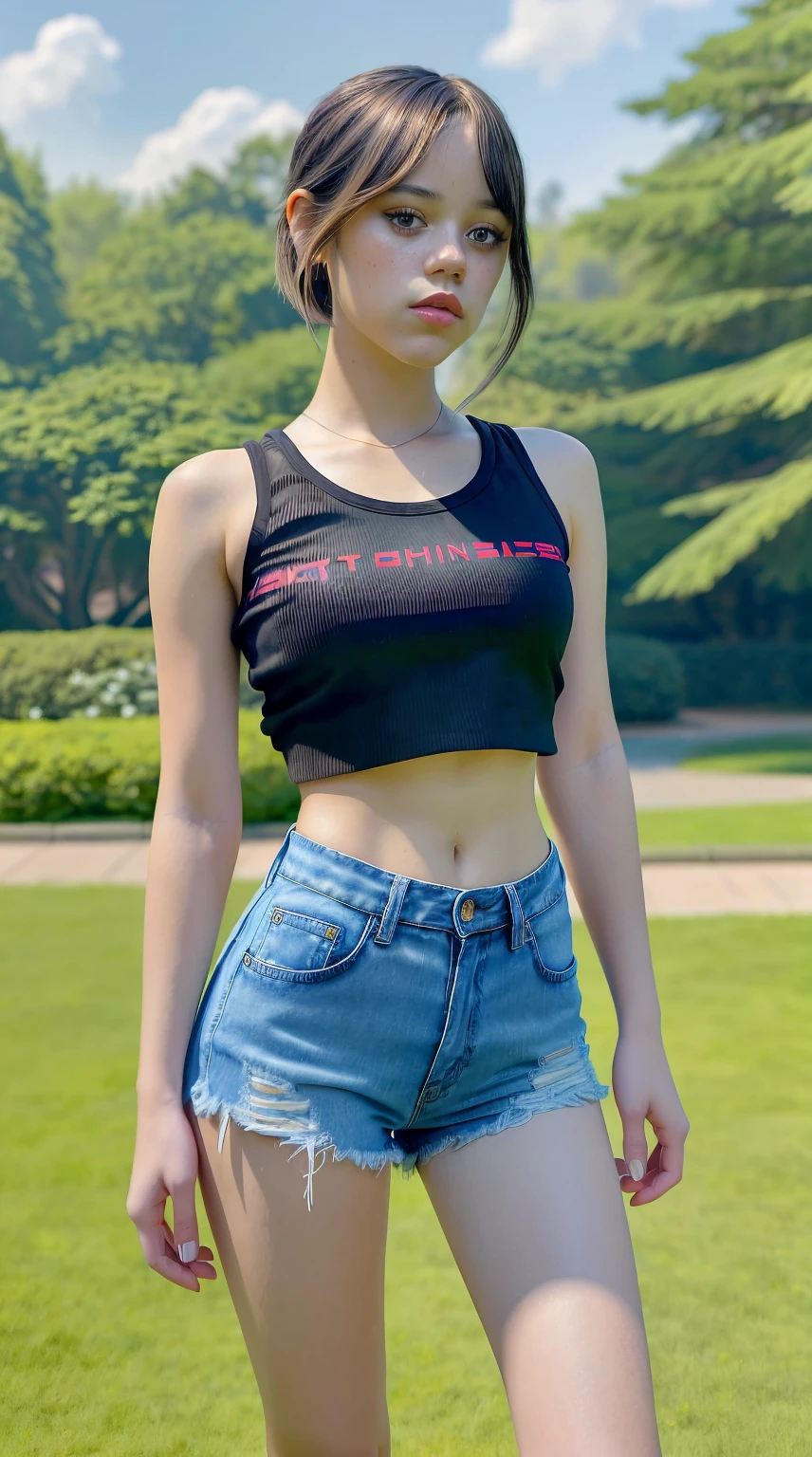 Masterpiece, stunning realistic, photorealistic, best quality, 16k,jenna ortega,sexy body,sexy croptop mit ausschnitt,high waist ripped denim shorts,standing in a park,bobcut,straight hair,leichtes makeup,lange wimpern,lipgloss