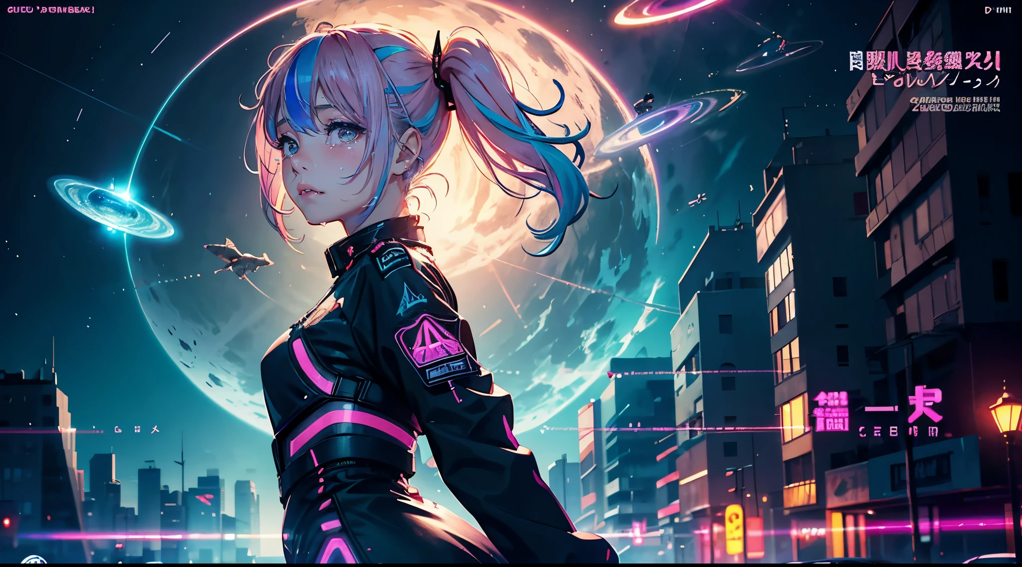 hair bobbles, wince, long eyelashes, solid circle eyes, light smile, ear blush, fang, (rainbow hair), makeup, blush, sad, sad smile, drop shadow, anaglyph, atmospheric perspective, 8k, super detail, accurate, best quality, (cyberpunk), cinematic lighting, masterpiece,1girll, short twintails, Colorful hair, flying, pink bows,((16-year-old female model)),( Stand Neck long sleeve black jacket), mecha, ((dress)), (aquarium), (angel halo), ( wings), (magazine cover), the background is sunrise with planets and shooting stars, aurora, beautiful sky, space view, (wide shot), ((((text)))), (cover), bold, attention-grabbing, ((title)), stylish, (((font))), panorama, eye level shot, tile from below, title from side, title in middle