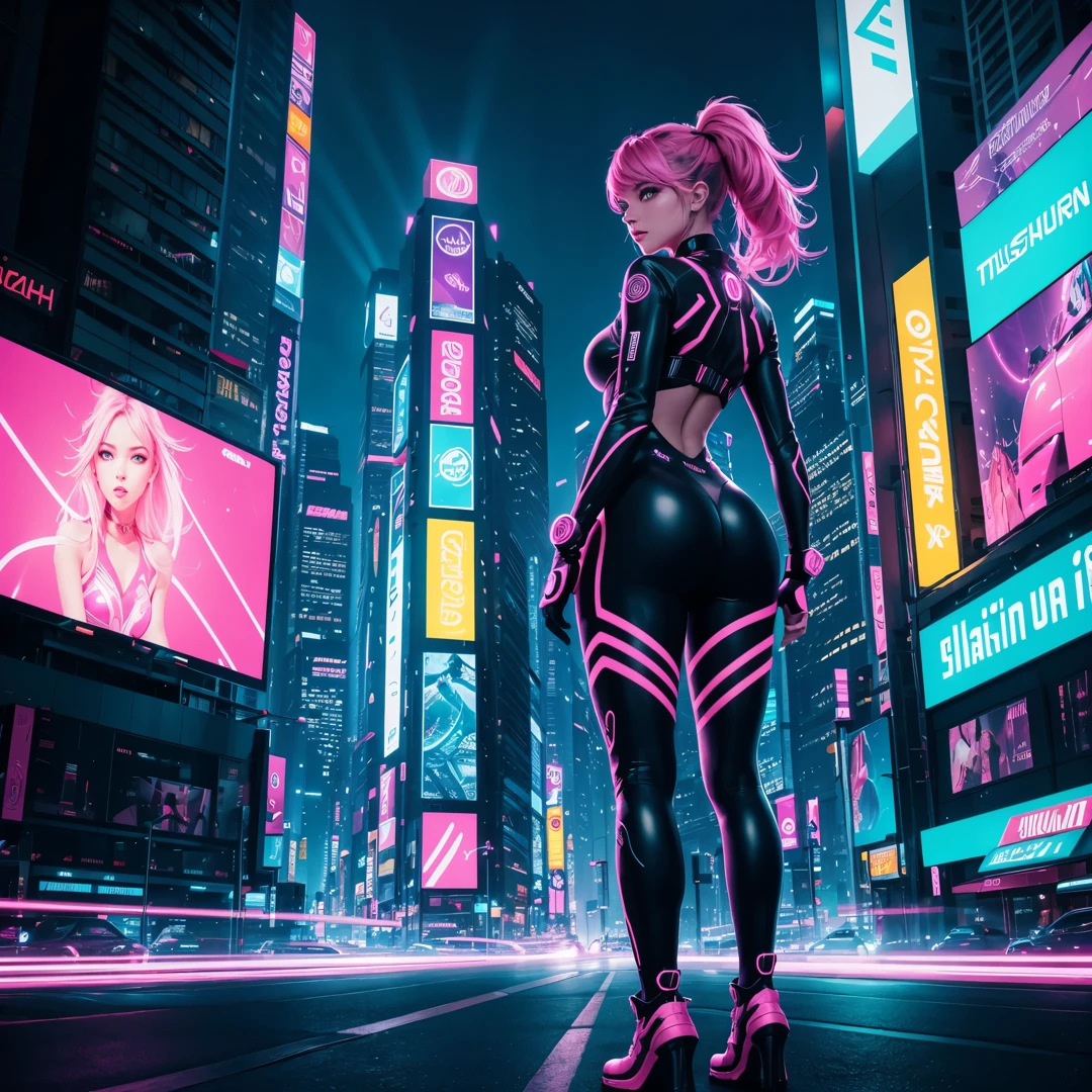 A girl with pulsating energy, colorful neon lights illuminating her surroundings, standing in a vibrant cityscape. She is wearing a futuristic outfit, her clothing reflecting and shimmering with every move. Her eyes are mesmerizing, with a hint of glowing light, reflecting her inner power. Her lips are beautifully detailed, vibrant with a shade of electric pink. She is surrounded by a pulsating aura of energy, emanating from her body in colorful waves. The city skyline behind her is filled with towering buildings, adorned with vibrant digital billboards displaying futuristic advertisements. The streets below are bustling with life, filled with people and futuristic vehicles. The colors of the scene are vivid and vibrant, with a mix of neon and bright hues. The lighting of the scene is dynamic, with rays of light piercing through the cityscape, creating a captivating atmosphere. The overall image is of the highest quality, with ultra-detailed rendering, sharp focus, vivid colors, and a touch of bokeh to enhanc