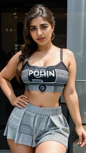 Pakistani girl Huma 20years old semi-curvy body, 36c size breast, perfect symmetry face, French braid, hair over shoulder, seductive smile, wearing croptop, mini-skirt, cinematic lighting, bust chart, f/16, Sony FE, 35mm, f/1.2, UHD