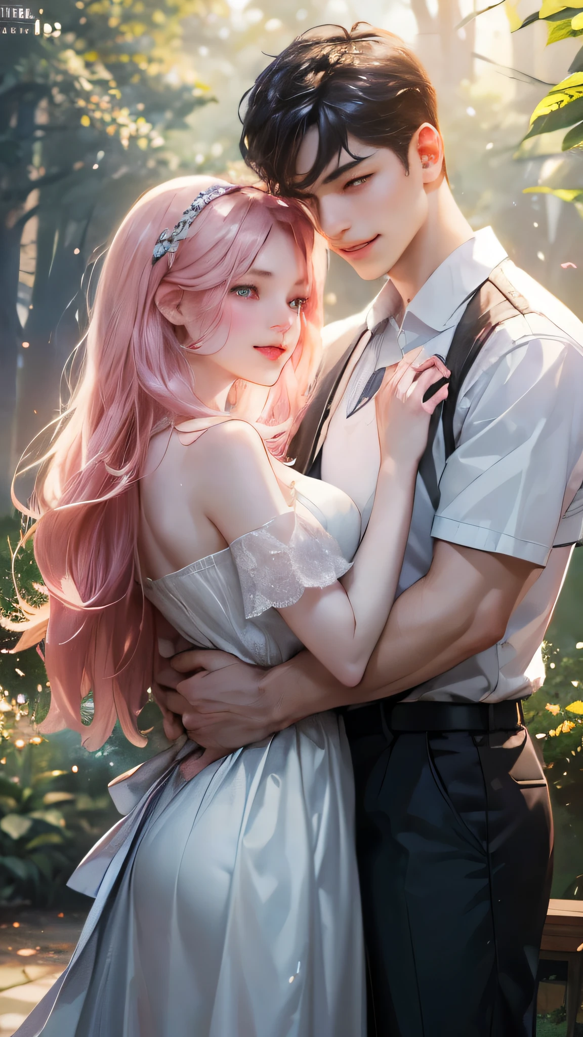 kiss、Couple、lover、Romance、OverFlowing、Full body paint、Exposed breasts、Sheer lace underwear、Remove underwear、Nipples、Nipplesが透ける、ピンクNipples、Pink areola、clitoris、Between strands、Coupleポーズ, Attractive pose, kissing together cutely, Passionate pose, 素敵なCouple, 1 male,(Blonde, Golden Eyes、expensive、190cm、manly、a handsome guy、Beautiful shape、Best Style、Beautiful Prince,Strong Body、Sexy Costumes、expensive、wet gown、Open chest、Flowing)、1 female(Pink Hair,Straight Long Hair、Pink Eyes、Cute big eyes,優しいLaughter、Decorate your hair with flowers、、huge tit、Best Style、Perfect Style、rise)、Put your arms around her waist、hug、Grab the waist、araffe woman in a white lingerie posing for a picture, lingeries beauty, wearing sexy lingerie, , Translucent dress, Translucent body, iridescent shiny sheer lingerie, Sexy Dress, wavy lingeries, Smooth, transparent white skin, lingerie, Beautiful and sexy woman photos, Sexy Style, Lovely lady, Transparent dress, V-neck open clothes, Young and elegant、erupt、Splash、spring, In the park on a sunny day, Bright sunny day、Bright sunny summer day,blue sky、Shine、about、Shine湖、Shimizu、Bright sunShine、Colorful flowers、Surrounded by flowers、intensive contact、Laughter、smile、Kind eyes