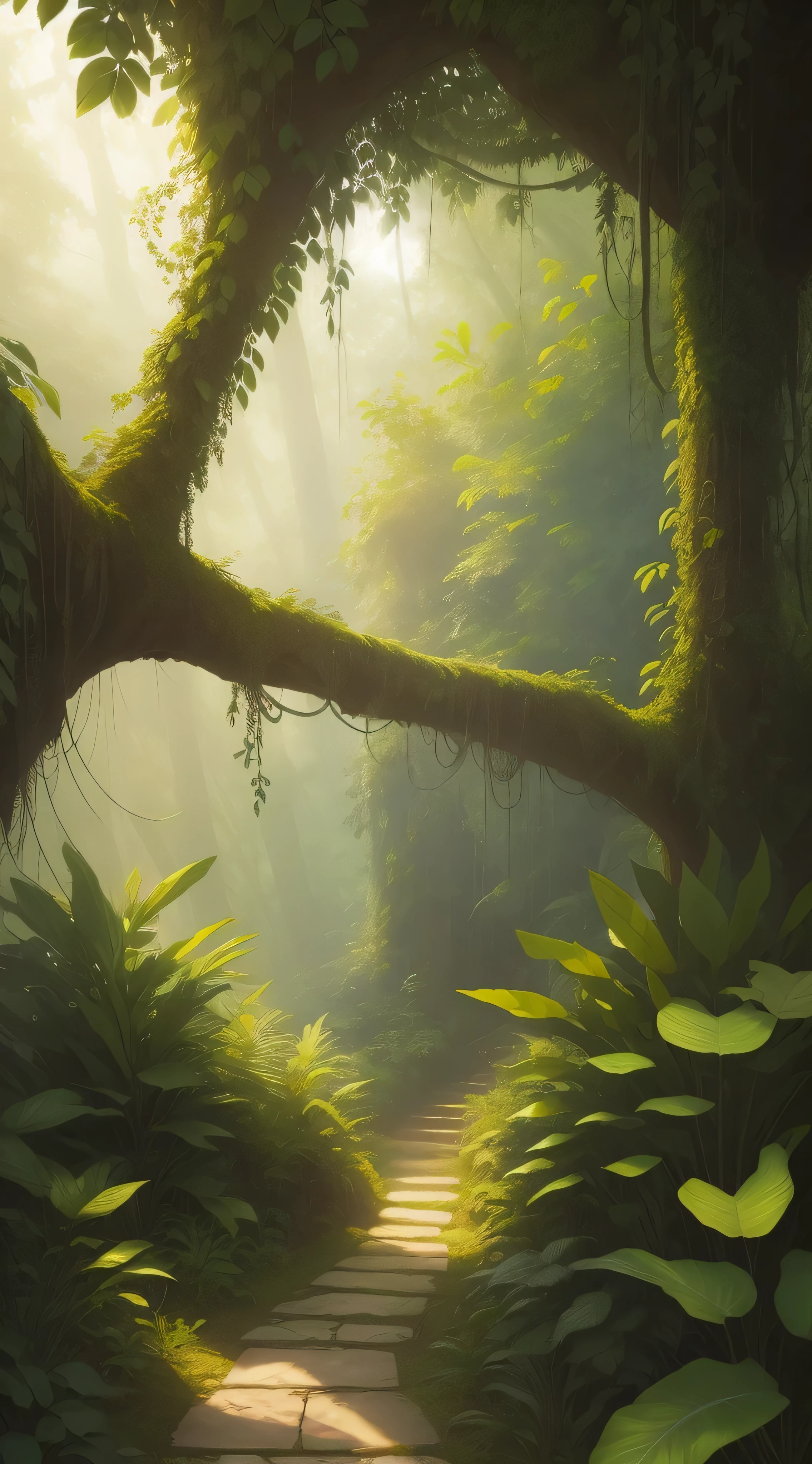 Detailed and intricate digital illustration of dense jungle full of exotic plants and animals,Sunlight filters through the canopy to create a mottled effect。