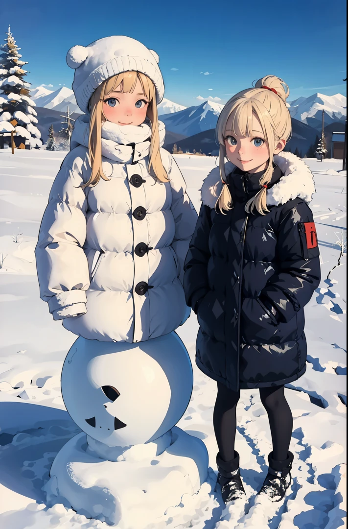 Perfect picture,,(Two Girls){girls in down coats}{Russians,mountain covered with snow}(make a snowman){Beautiful }{hedonism},{Powder snow,kou},8 years old girl,4K picture quality, Cinematic,,{Gamine},{small body and chest,} Longhaire,a blond,cute expression,face perfect,｛girl showing a smile｝(Full body photo)
