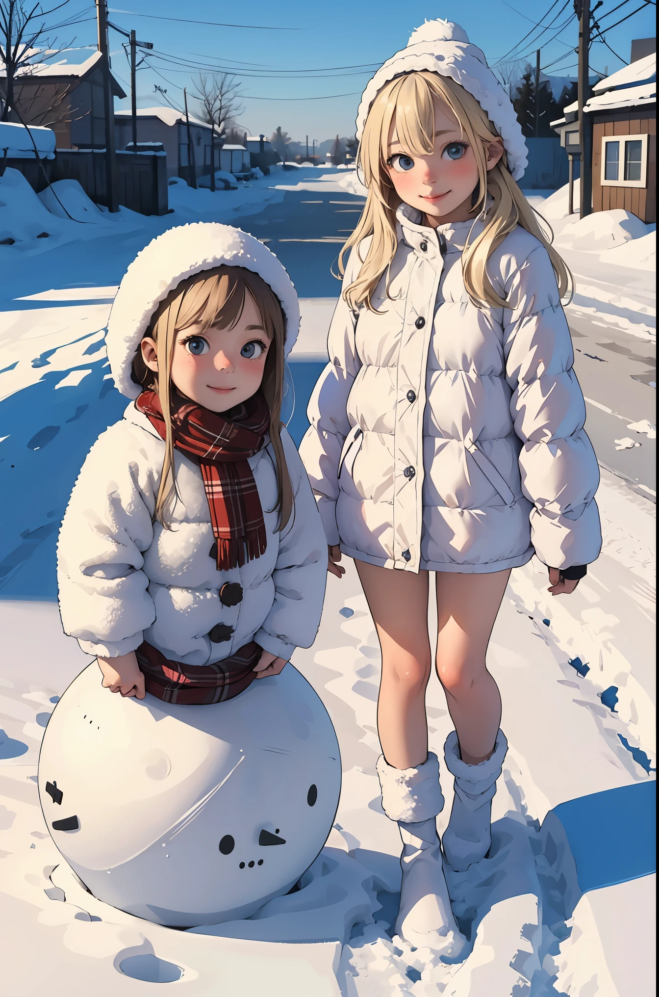 Perfect picture,,(Two Girls){????? girls}{Russians,A city covered with snow}(make a snowman){Beautiful }{hedonism},{Powder snow,kou},8 years old girl,4K picture quality, Cinematic,,{Gamine},{small body and ?????,} Longhaire,a blond,cute expression,face perfect,｛girl showing a smile｝(Full body photo)
