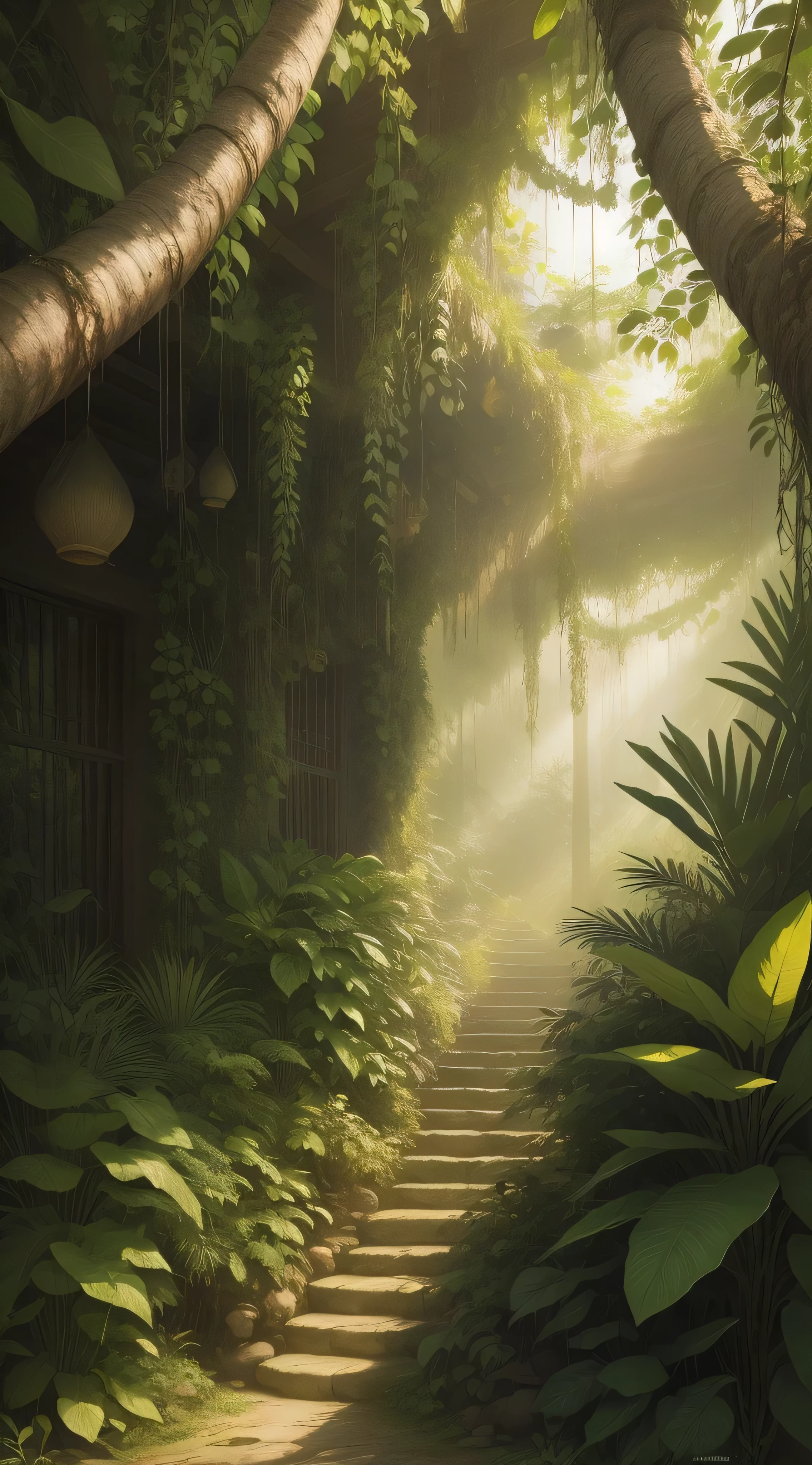 Detailed and intricate digital illustration of dense jungle full of exotic plants and animals，Sunlight filters through the canopy to create a mottled effect。