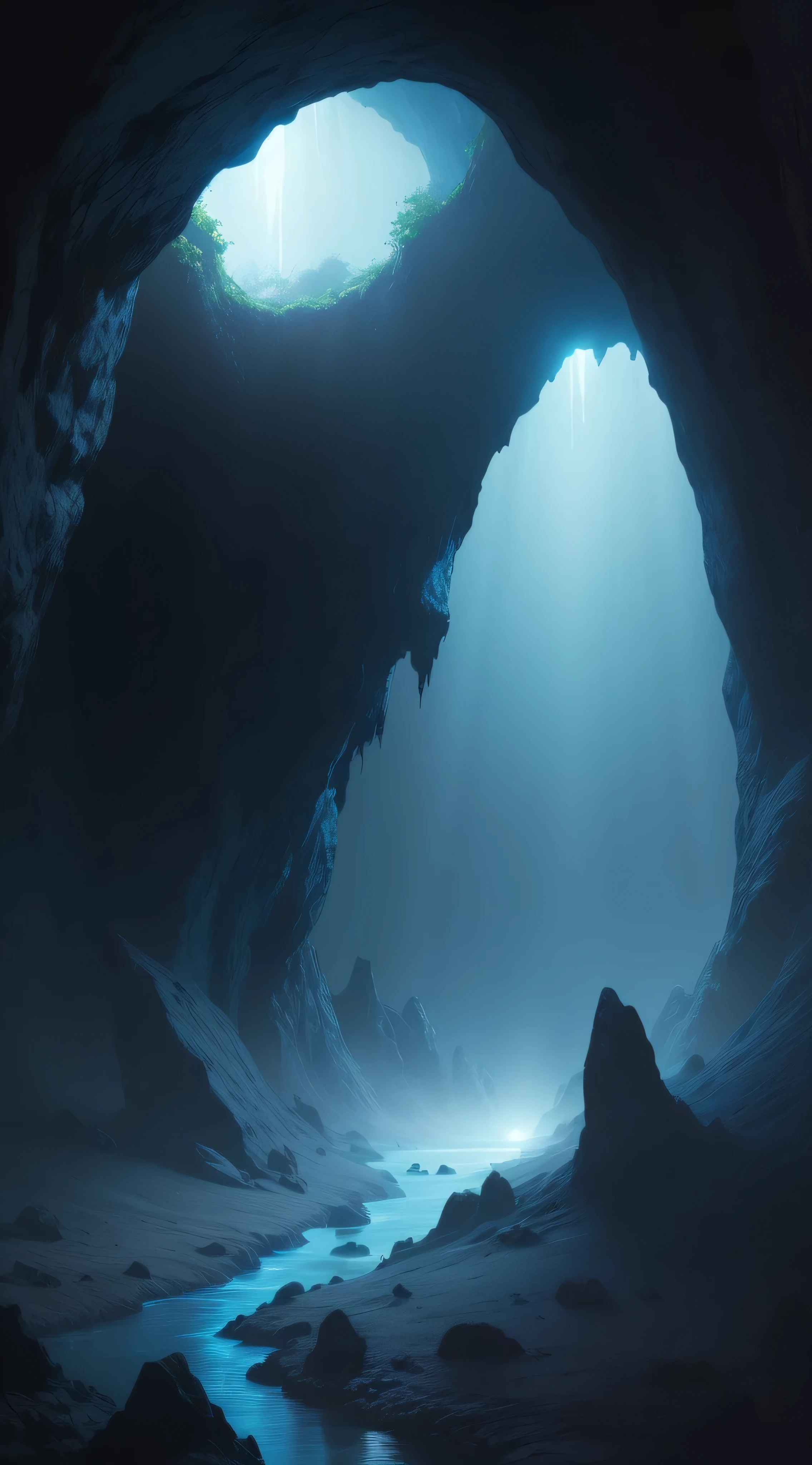 Dark mysterious cave with a bluish light glowing in its depths.