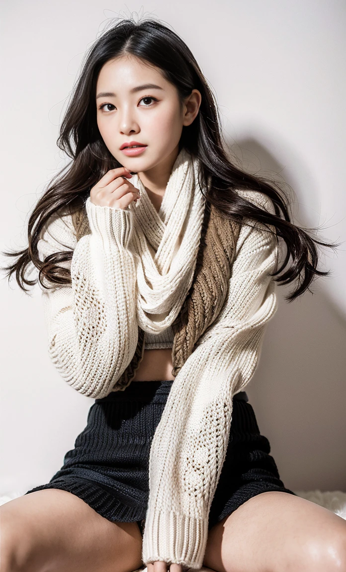 ulzzang -6500-v1.1, (Raw foto:1.2), (Photorealsitic:1.4), a beautiful detailed girl, ighly detailedな目と顔, beatiful detailed eyes, Ridiculous, unbelievable Ridiculous, huge filesize, ultra-detailliert, hight resolution, ighly detailed, top-quality, masterpiece, Kemomimi, ((wearing a white scarf around his neck)), ((black puffy down jacket)), (((Tight knitted skirt))), illustratio, ighly detailed, nffsw, unification, 8k wallpaper, astonishing, finely detail, masterpiece, top-quality, Highly detailed ticker uniform 8K wallpaper, face lights、Cinematographic lighting、((4-girls))、20yr old、(witheout panties)、((dynamicposes)))、(camel's toe)、(half)、(Crooked knees and legs sitting)),