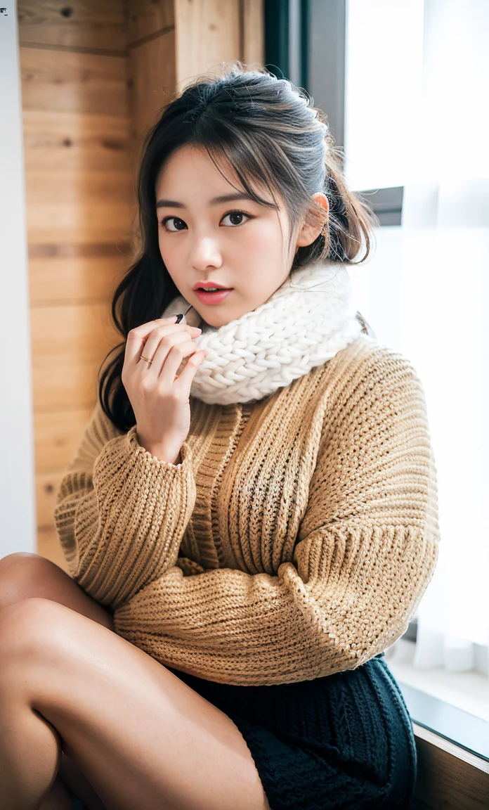 ulzzang -6500-v1.1, (Raw foto:1.2), (Photorealsitic:1.4), a beautiful detailed girl, ighly detailedな目と顔, beatiful detailed eyes, Ridiculous, unbelievable Ridiculous, huge filesize, ultra-detailliert, hight resolution, ighly detailed, top-quality, ​masterpiece, Kemomimi, ((wearing a white scarf around his neck)), ((black puffy down jacket)), (((Tight knitted skirt))), illustratio, ighly detailed, nffsw, unification, 8k wallpaper, astonishing, finely detail, ​masterpiece, top-quality, Highly detailed ticker uniform 8K wallpaper, face lights、Cinematographic lighting、((4-girls))、20yr old、(witheout panties)、((dynamicposes)))、(camel's toe)、(half)、(Crooked knees and legs sitting)),
